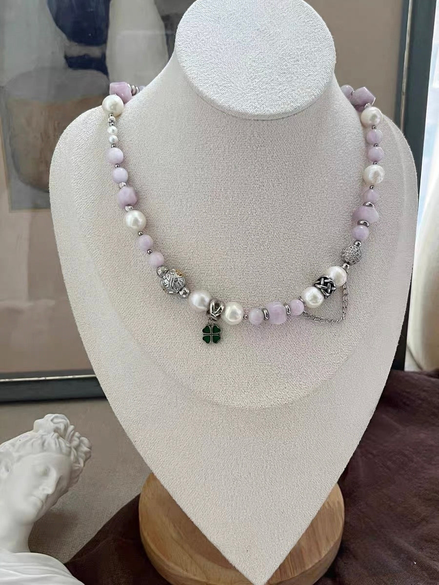 #PN1300 purple romance | Freshwater pearl necklace 43cm kunzite dream amethyst detachable pendant lustrous freshwater pearls clover pendant