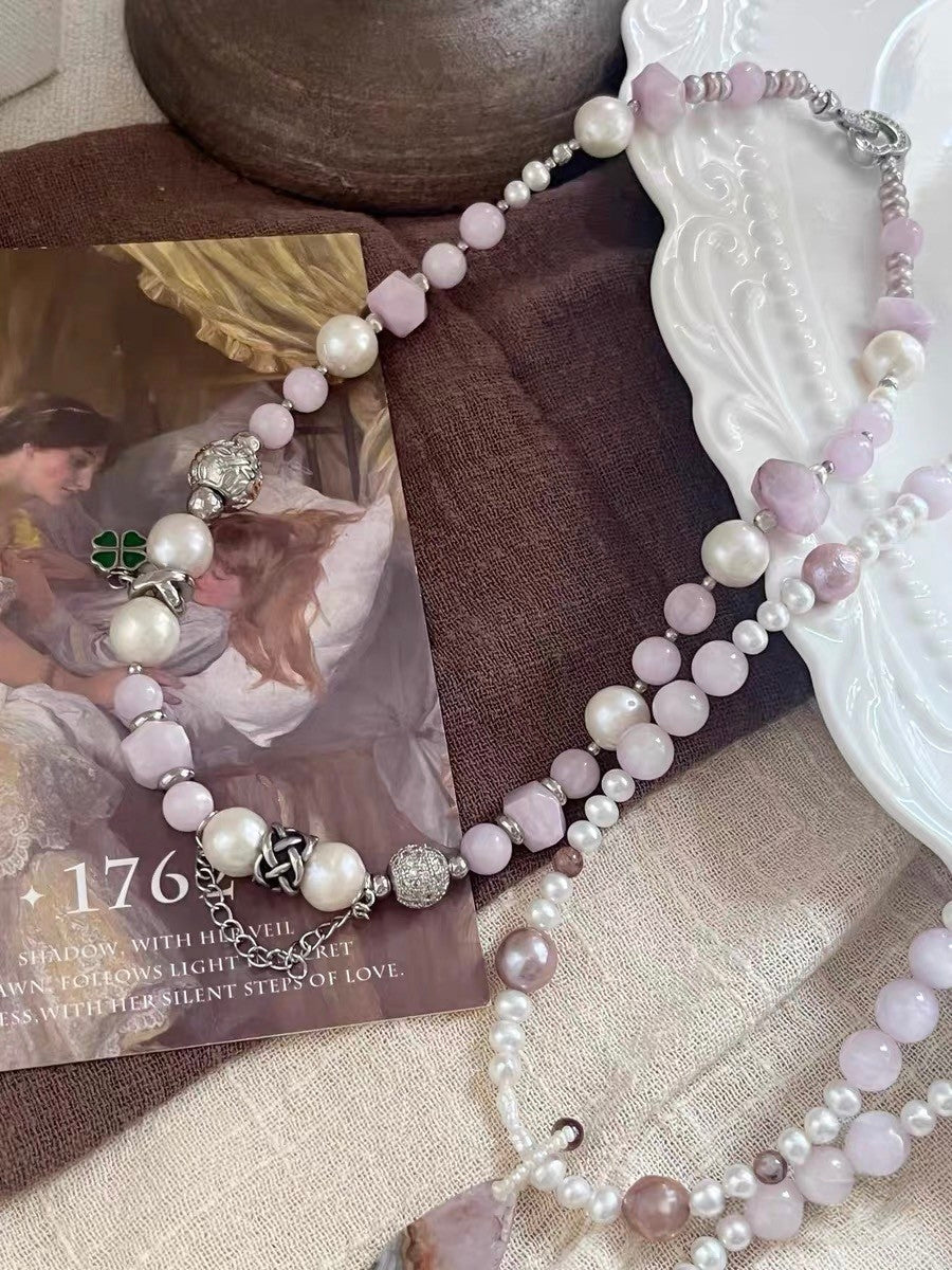 #PN1300 purple romance | Freshwater pearl necklace 43cm kunzite dream amethyst detachable pendant lustrous freshwater pearls clover pendant