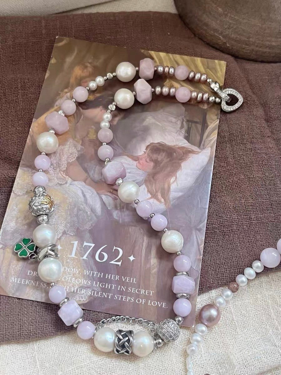 #PN1300 purple romance | Freshwater pearl necklace 43cm kunzite dream amethyst detachable pendant lustrous freshwater pearls clover pendant