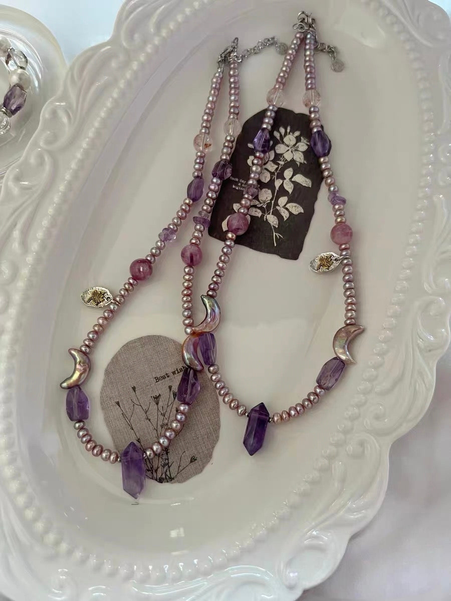 #PN1297 purple moon | Freshwater pearl necklace 43cm+5cm amethyst freeform & towers pink-purple lepidolite rutilated quartz moon shaped baroque pearls rare