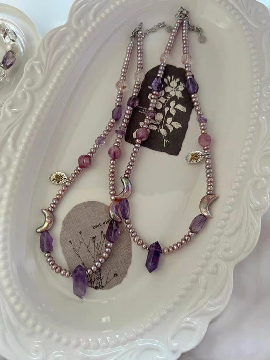 #PN1297 purple moon | Freshwater pearl necklace 43cm+5cm amethyst freeform & towers pink-purple lepidolite rutilated quartz moon shaped baroque pearls rare