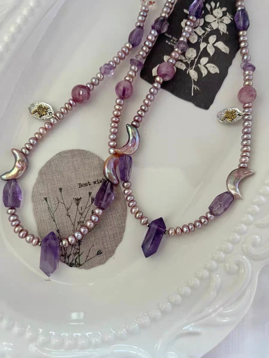 #PN1297 purple moon | Freshwater pearl necklace 43cm+5cm amethyst freeform & towers pink-purple lepidolite rutilated quartz moon shaped baroque pearls rare
