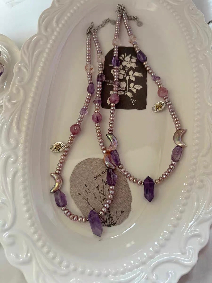 #PN1297 purple moon | Freshwater pearl necklace 43cm+5cm amethyst freeform & towers pink-purple lepidolite rutilated quartz moon shaped baroque pearls rare