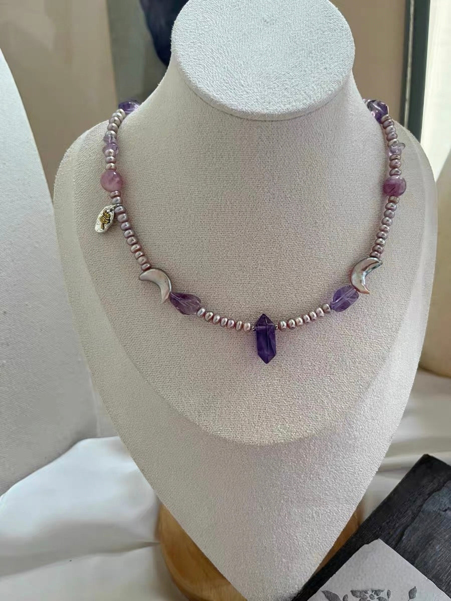#PN1297 purple moon | Freshwater pearl necklace 43cm+5cm amethyst freeform & towers pink-purple lepidolite rutilated quartz moon shaped baroque pearls rare