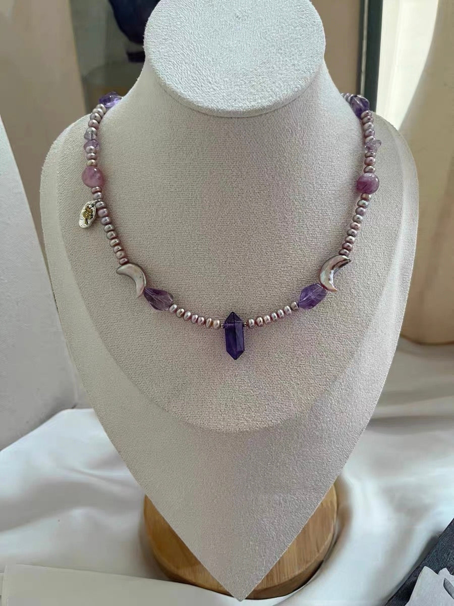 #PN1297 purple moon | Freshwater pearl necklace 43cm+5cm amethyst freeform & towers pink-purple lepidolite rutilated quartz moon shaped baroque pearls rare