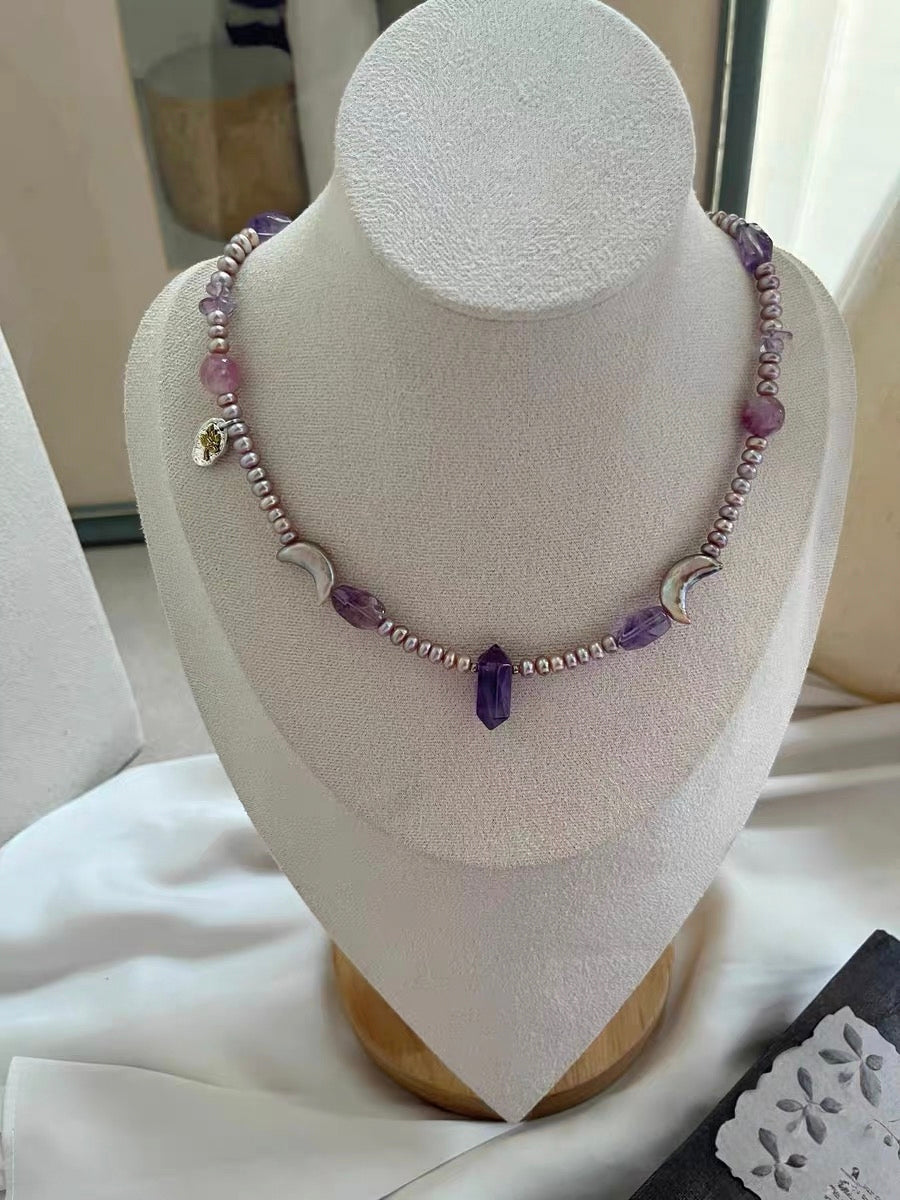 #PN1297 purple moon | Freshwater pearl necklace 43cm+5cm amethyst freeform & towers pink-purple lepidolite rutilated quartz moon shaped baroque pearls rare