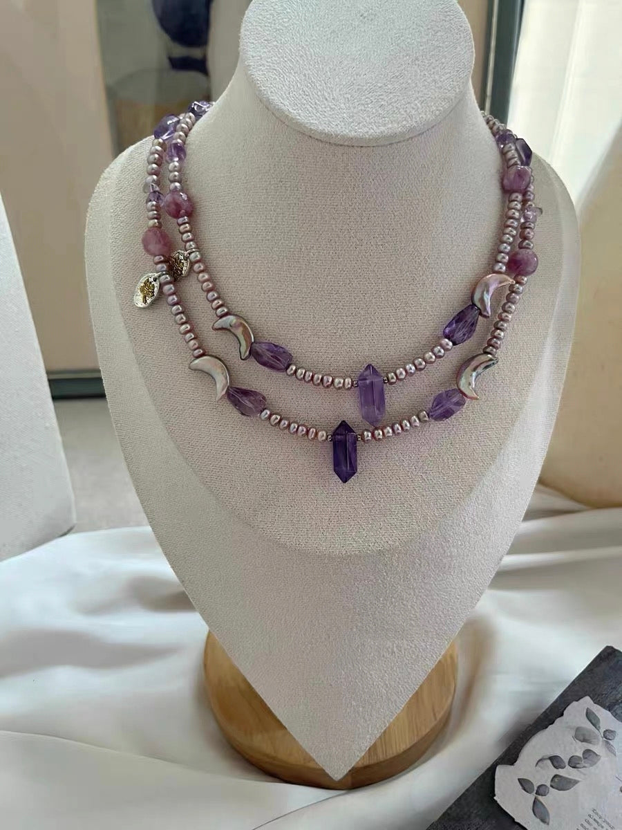 #PN1297 purple moon | Freshwater pearl necklace 43cm+5cm amethyst freeform & towers pink-purple lepidolite rutilated quartz moon shaped baroque pearls rare