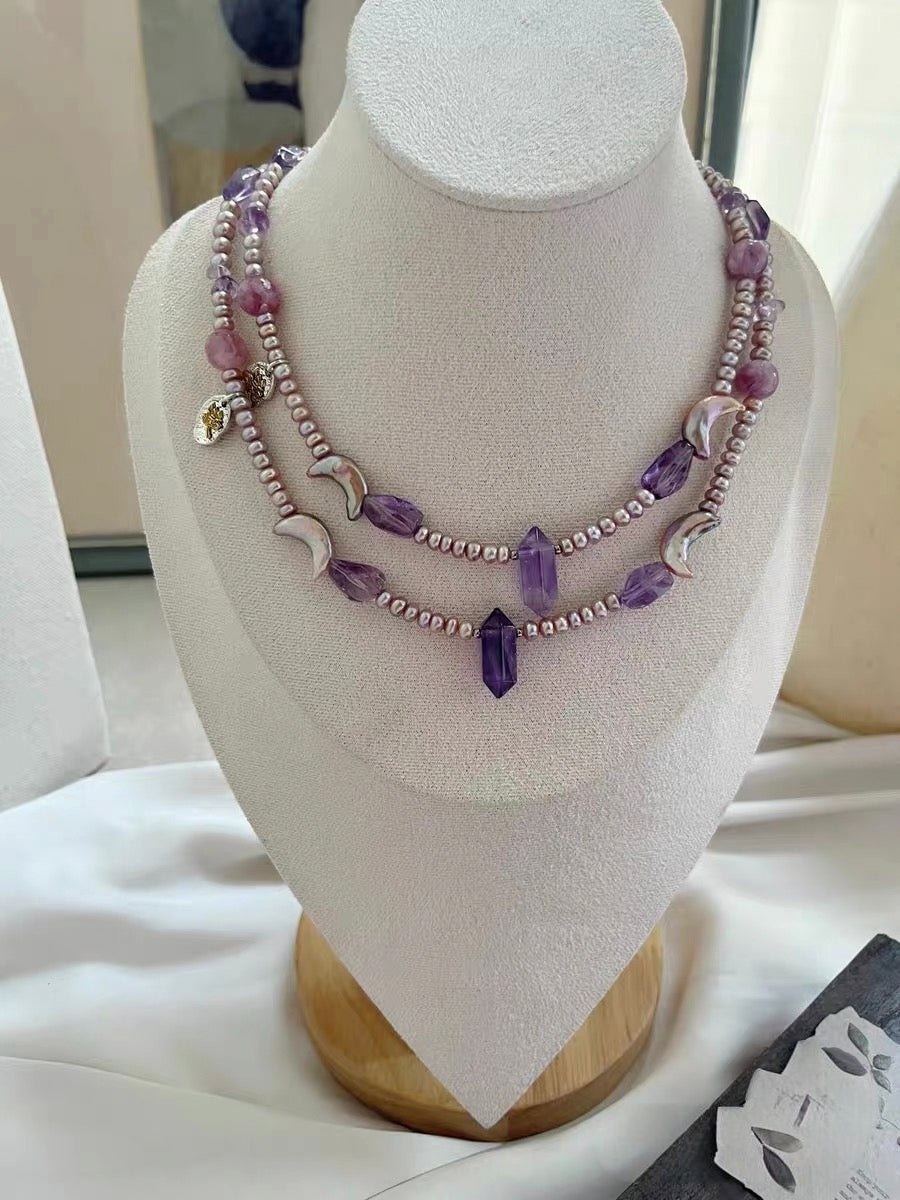 #PN1297 purple moon | Freshwater pearl necklace 43cm+5cm amethyst freeform & towers pink-purple lepidolite rutilated quartz moon shaped baroque pearls rare