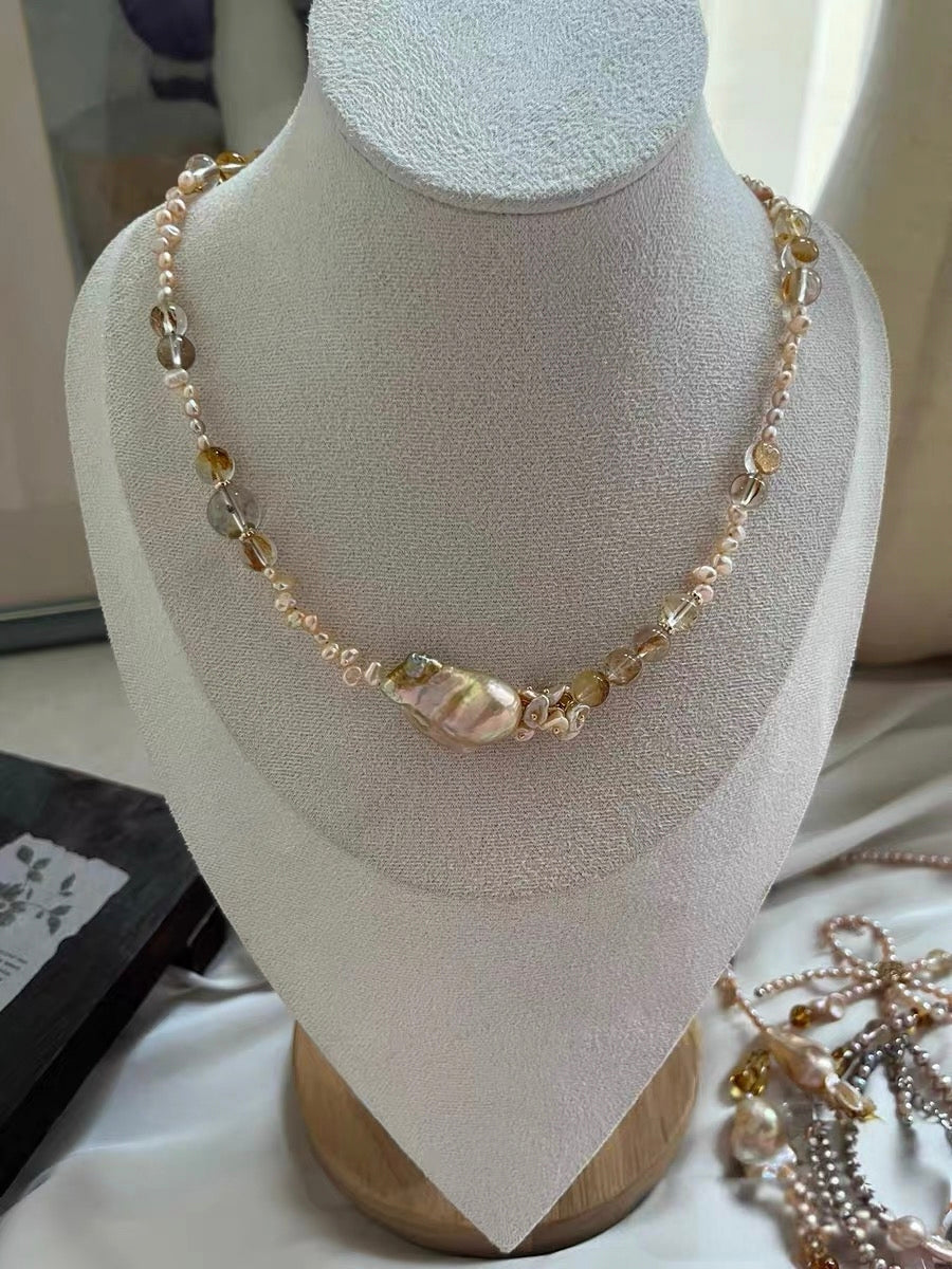 #PN1314 The Supreme Edition [Floral Series] golden sunset | Freshwater pearl necklace ribbon design lepidolite golden glossy mermaid baroque pearl amber freeform citrine pretty shimmer