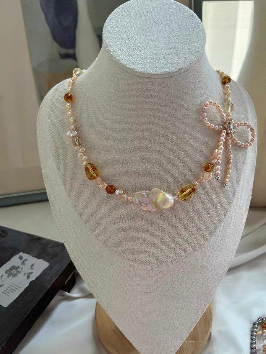 #PN1314 The Supreme Edition [Floral Series] golden sunset | Freshwater pearl necklace ribbon design lepidolite golden glossy mermaid baroque pearl amber freeform citrine pretty shimmer