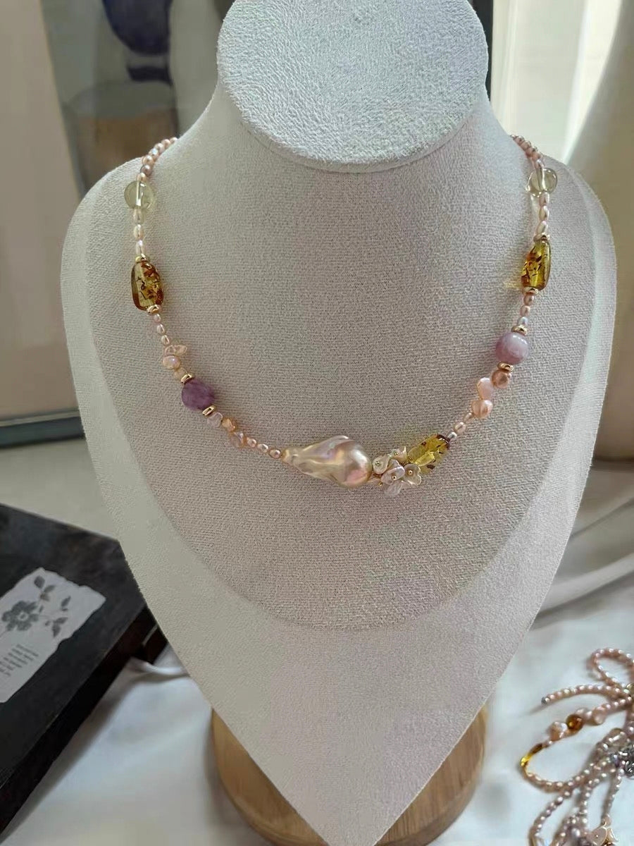 #PN1314 The Supreme Edition [Floral Series] golden sunset | Freshwater pearl necklace ribbon design lepidolite golden glossy mermaid baroque pearl amber freeform citrine pretty shimmer