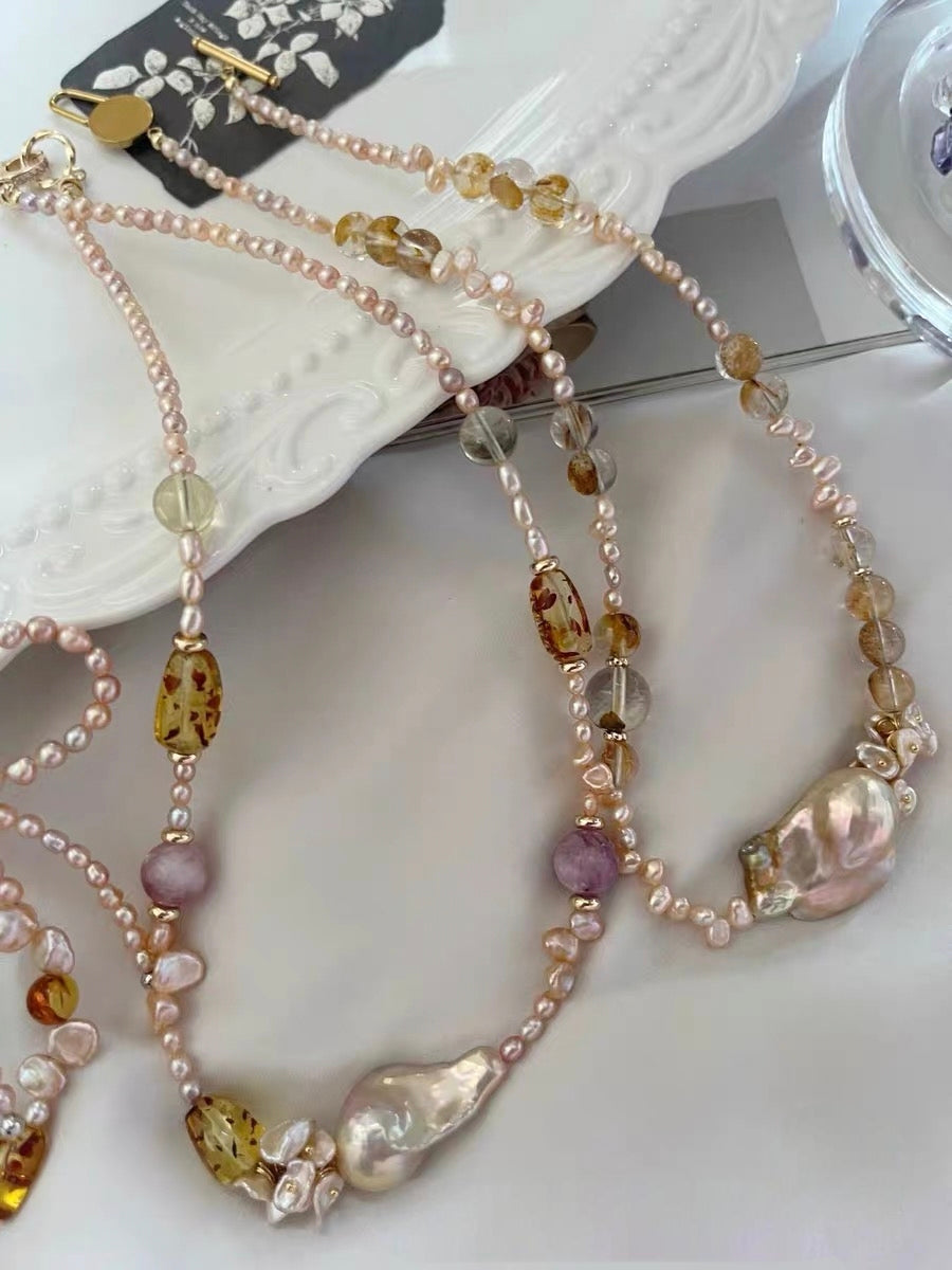 #PN1314 The Supreme Edition [Floral Series] golden sunset | Freshwater pearl necklace ribbon design lepidolite golden glossy mermaid baroque pearl amber freeform citrine pretty shimmer