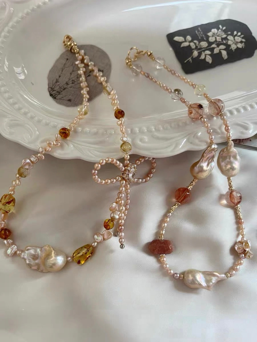 #PN1314 The Supreme Edition [Floral Series] golden sunset | Freshwater pearl necklace ribbon design lepidolite golden glossy mermaid baroque pearl amber freeform citrine pretty shimmer