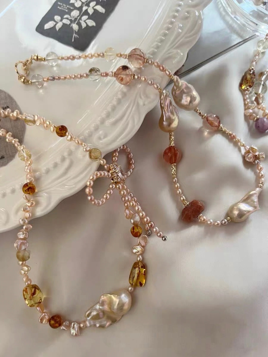#PN1314 The Supreme Edition [Floral Series] golden sunset | Freshwater pearl necklace ribbon design lepidolite golden glossy mermaid baroque pearl amber freeform citrine pretty shimmer