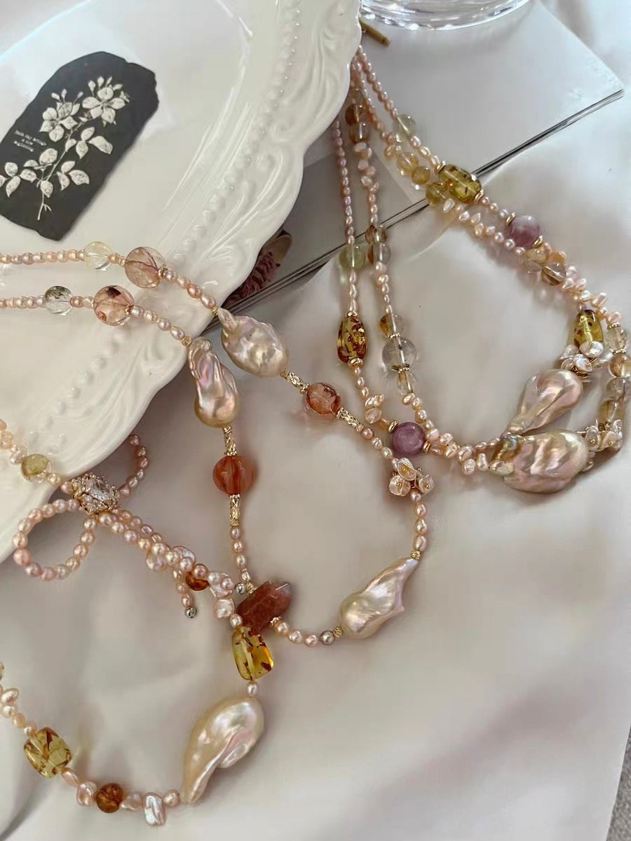 #PN1314 The Supreme Edition [Floral Series] golden sunset | Freshwater pearl necklace ribbon design lepidolite golden glossy mermaid baroque pearl amber freeform citrine pretty shimmer