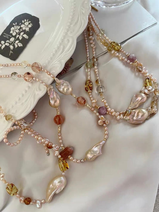 #PN1314 The Supreme Edition [Floral Series] golden sunset | Freshwater pearl necklace ribbon design lepidolite golden glossy mermaid baroque pearl amber freeform citrine pretty shimmer