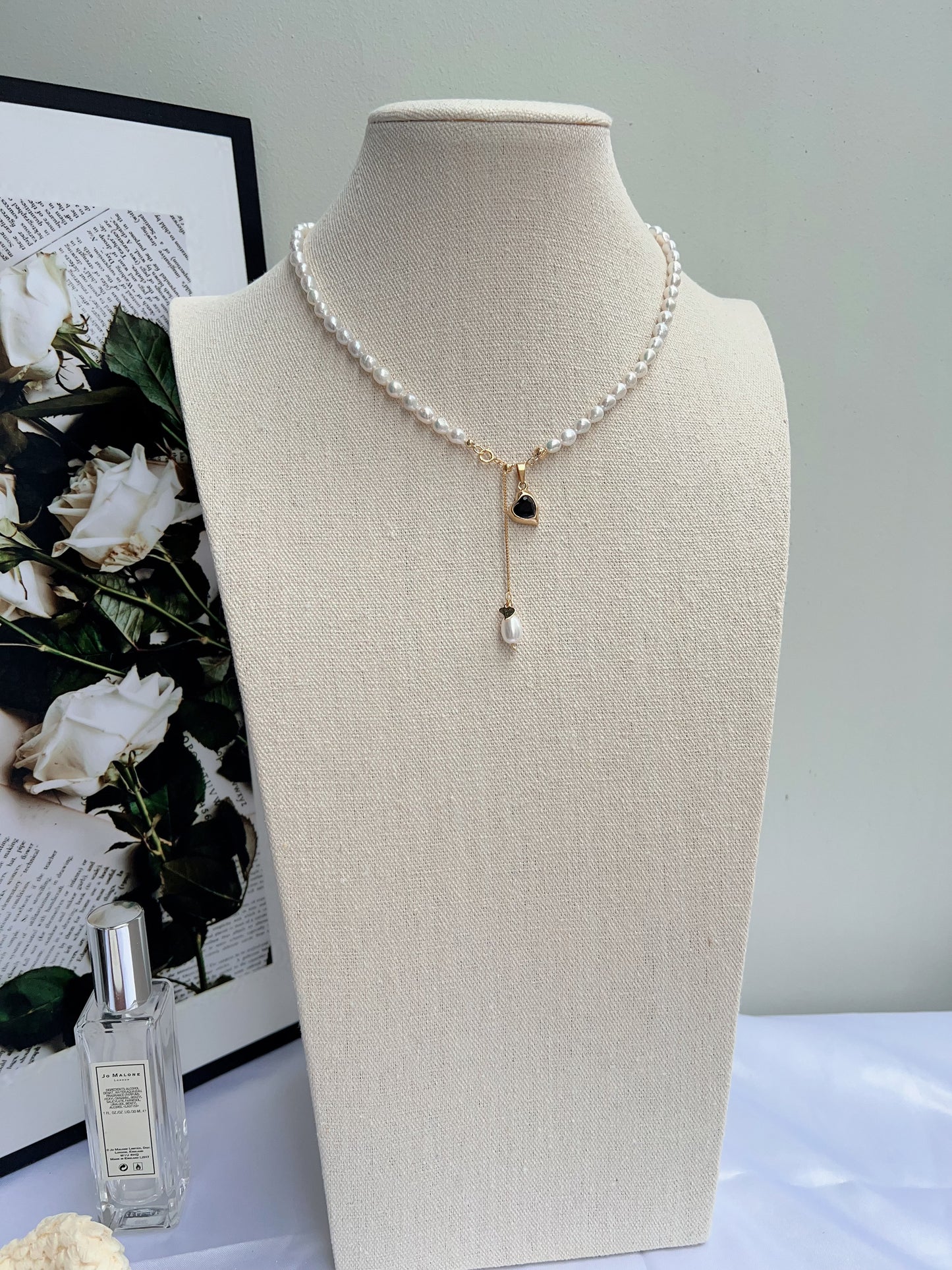 #PN1239 freshwater pearl necklace minimalist onyx lava heart pendant dangling pearl lustrous rice baroque pearl smooth surface coordinated shape