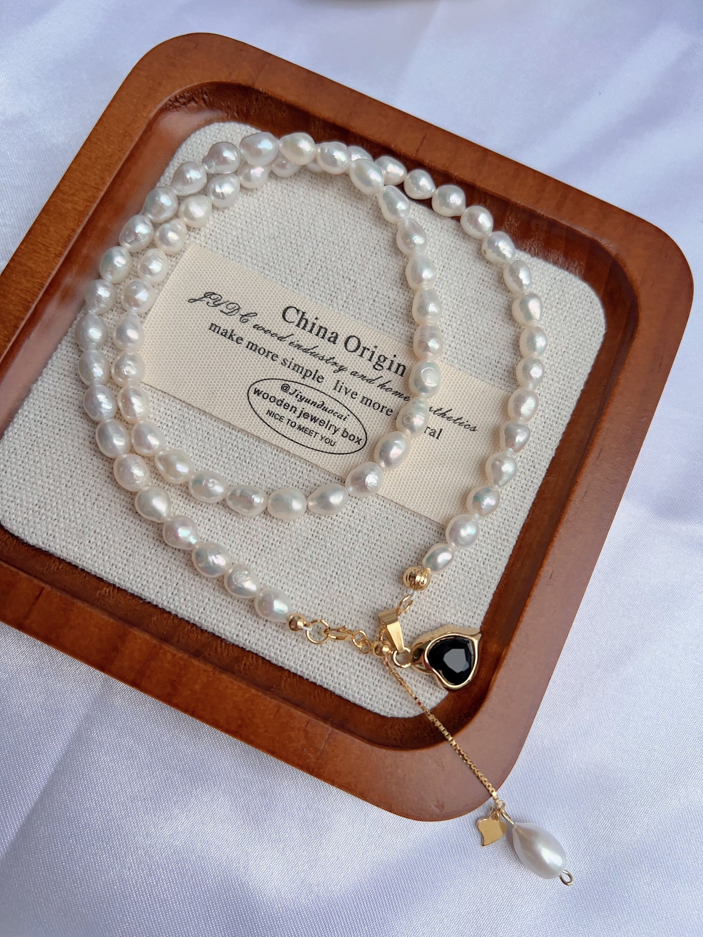 #PN1239 freshwater pearl necklace minimalist onyx lava heart pendant dangling pearl lustrous rice baroque pearl smooth surface coordinated shape