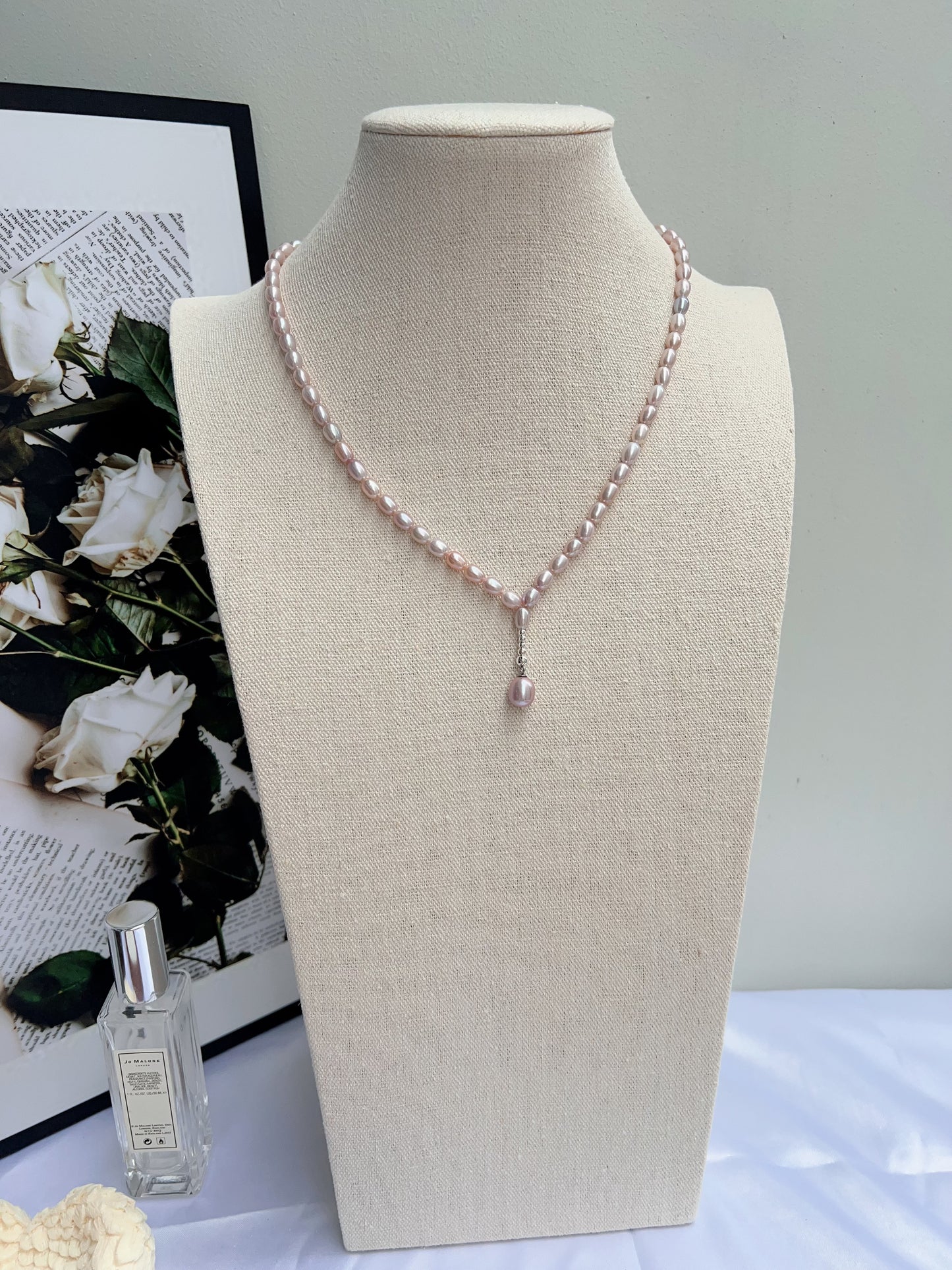 #PN1240 freshwater pearl necklace long Y shape necklace light grey purple rice pearl excellent lustre high quality unique design fixed shape