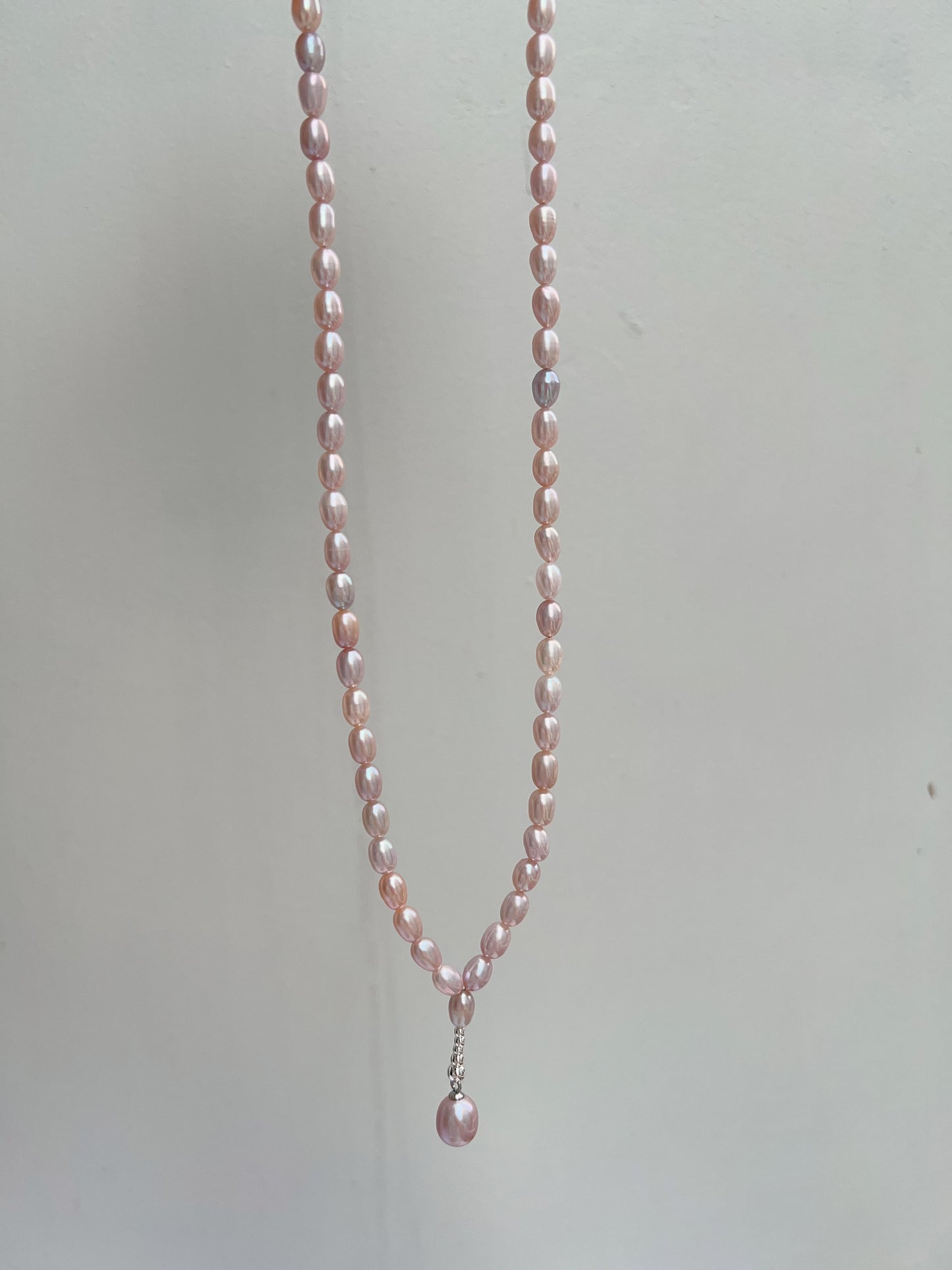 #PN1240 freshwater pearl necklace long Y shape necklace light grey purple rice pearl excellent lustre high quality unique design fixed shape