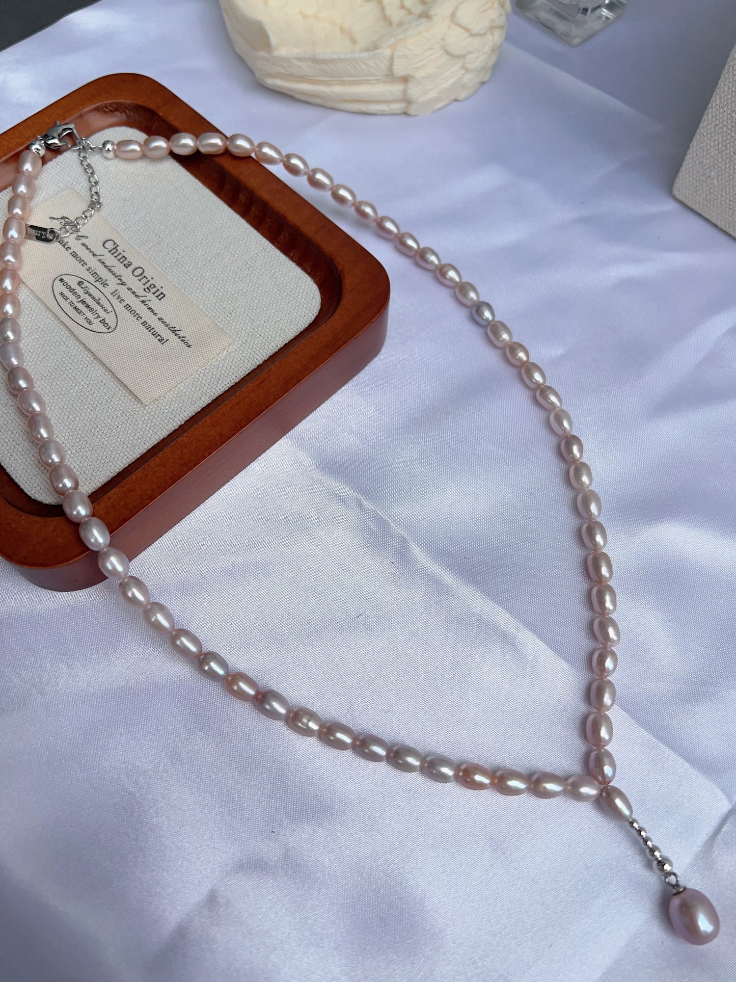 #PN1240 freshwater pearl necklace long Y shape necklace light grey purple rice pearl excellent lustre high quality unique design fixed shape