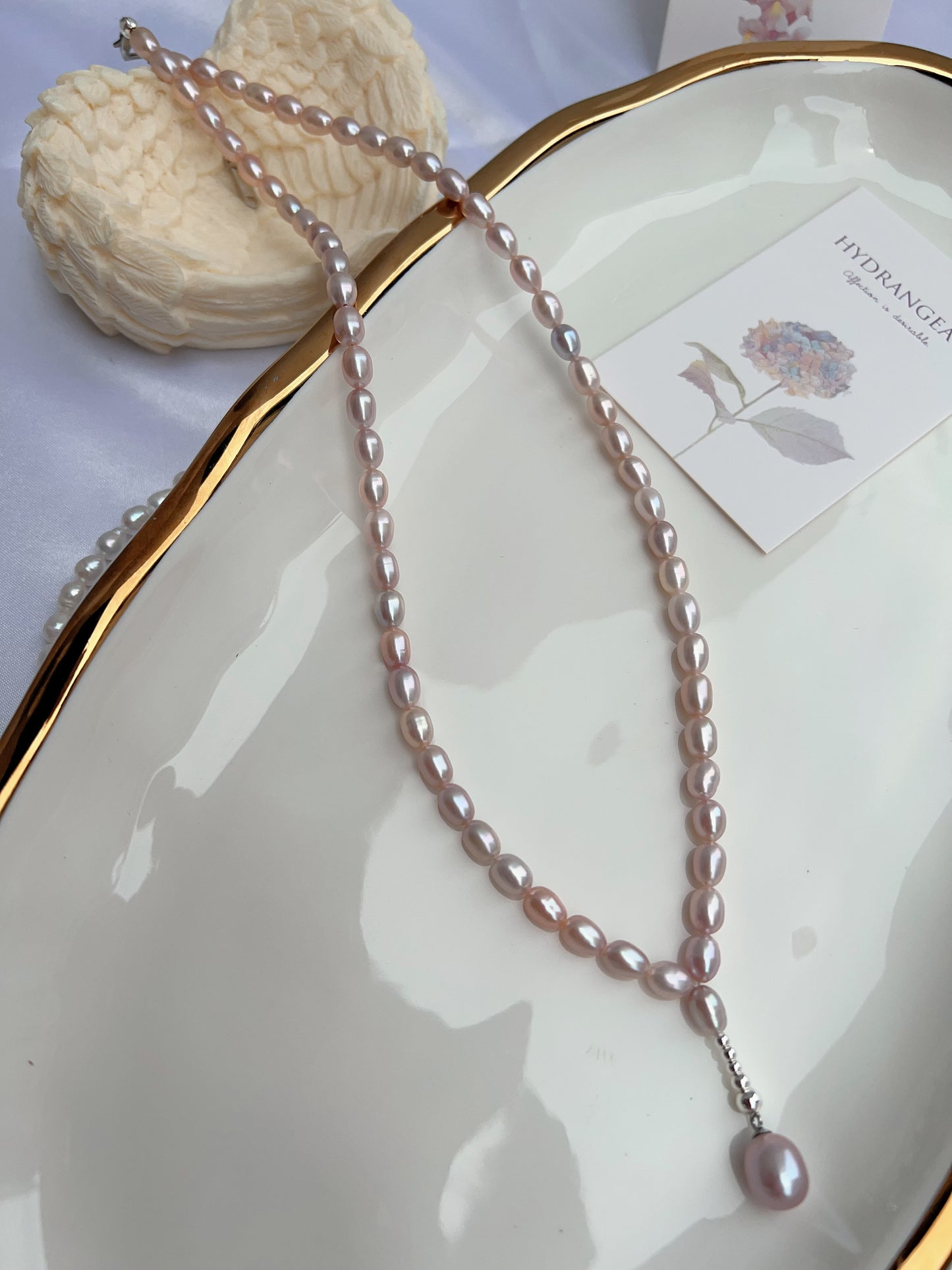 #PN1240 freshwater pearl necklace long Y shape necklace light grey purple rice pearl excellent lustre high quality unique design fixed shape