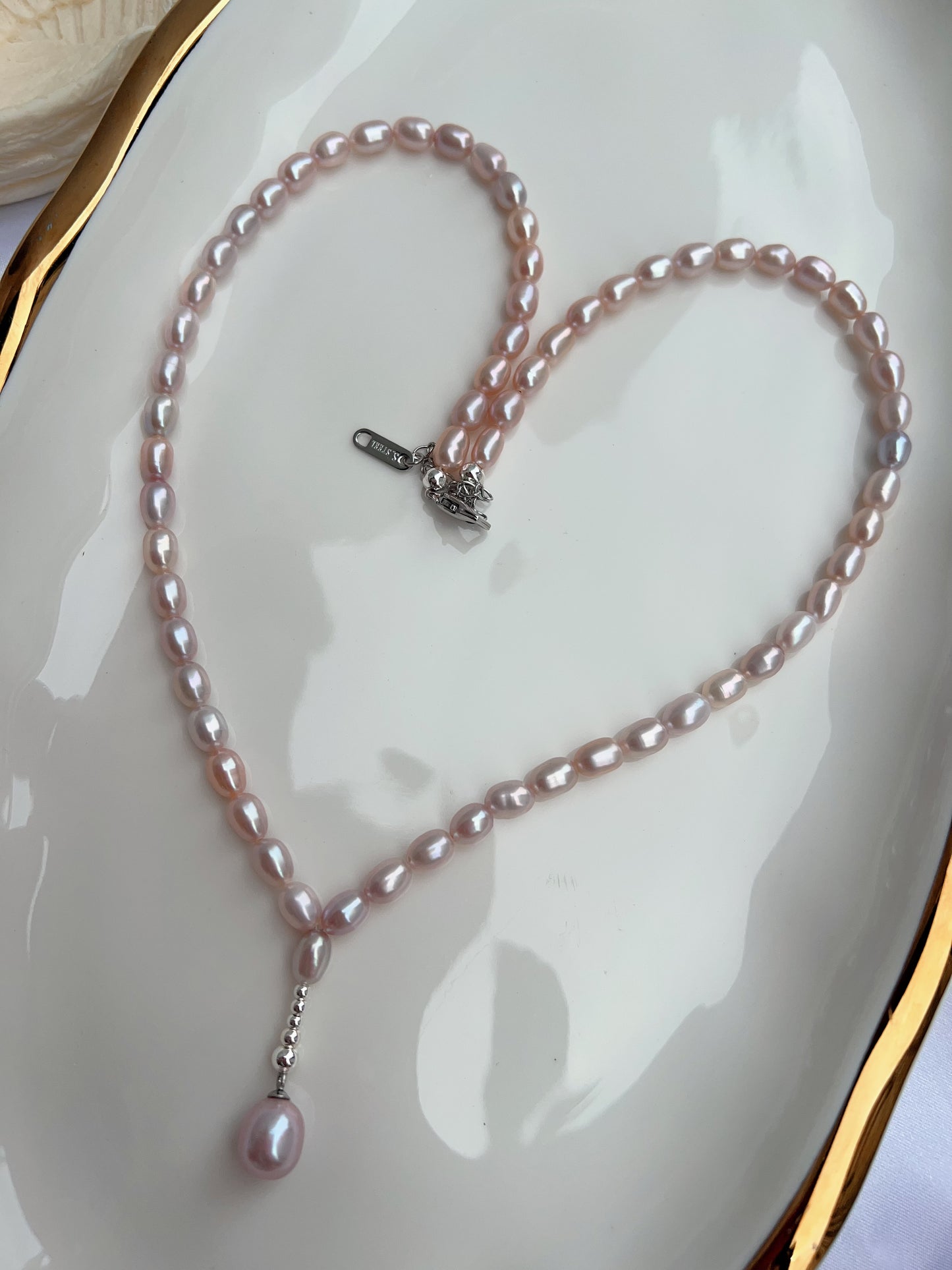 #PN1240 freshwater pearl necklace long Y shape necklace light grey purple rice pearl excellent lustre high quality unique design fixed shape