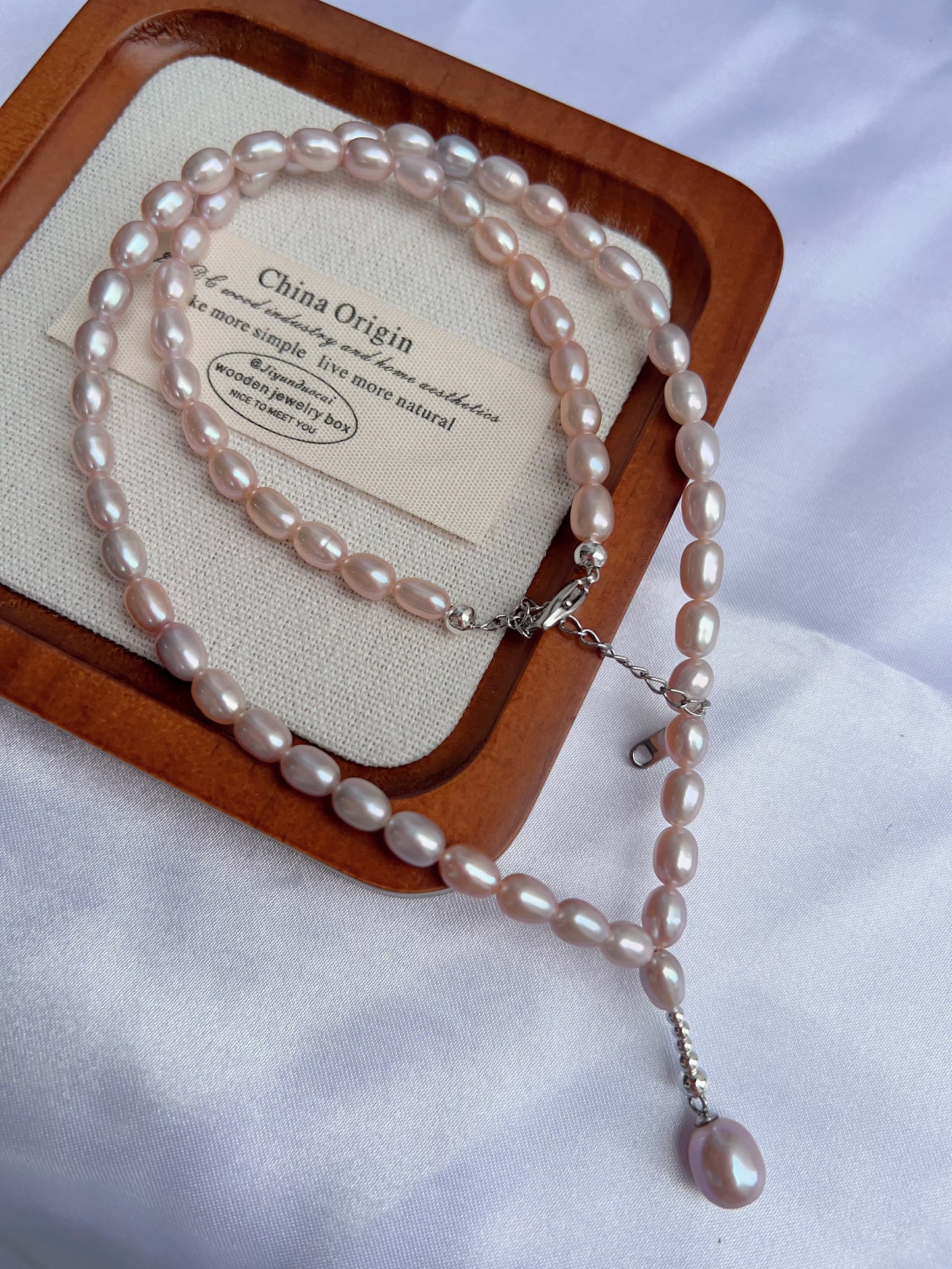 #PN1240 freshwater pearl necklace long Y shape necklace light grey purple rice pearl excellent lustre high quality unique design fixed shape
