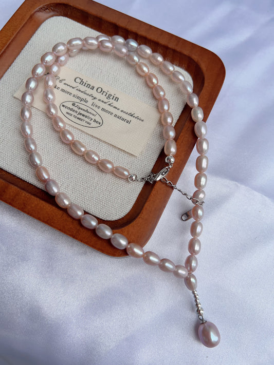 #PN1240 freshwater pearl necklace long Y shape necklace light grey purple rice pearl excellent lustre high quality unique design fixed shape