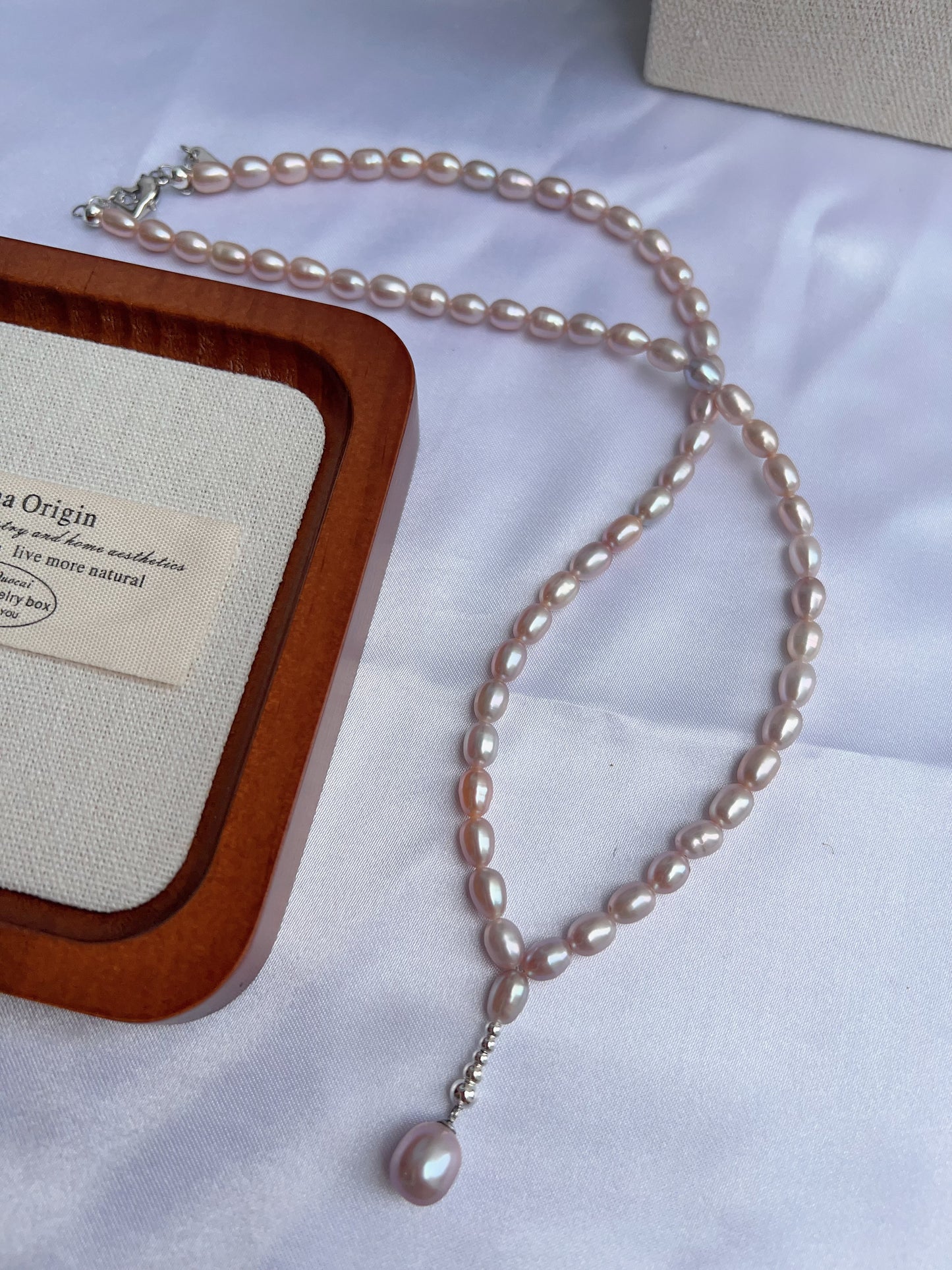 #PN1240 freshwater pearl necklace long Y shape necklace light grey purple rice pearl excellent lustre high quality unique design fixed shape