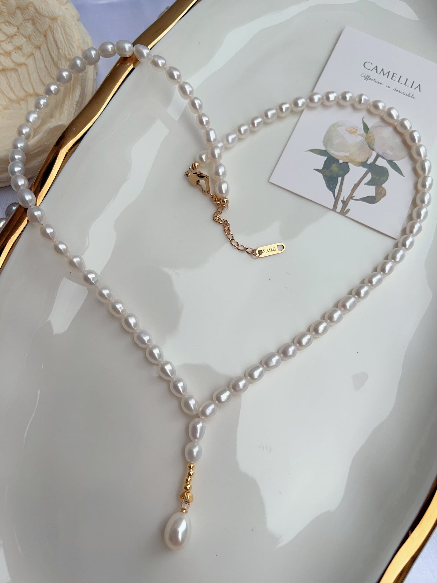 #PN1241 freshwater pearl necklace long Y shape necklace selected pearls white rice pearl high quality lustrous