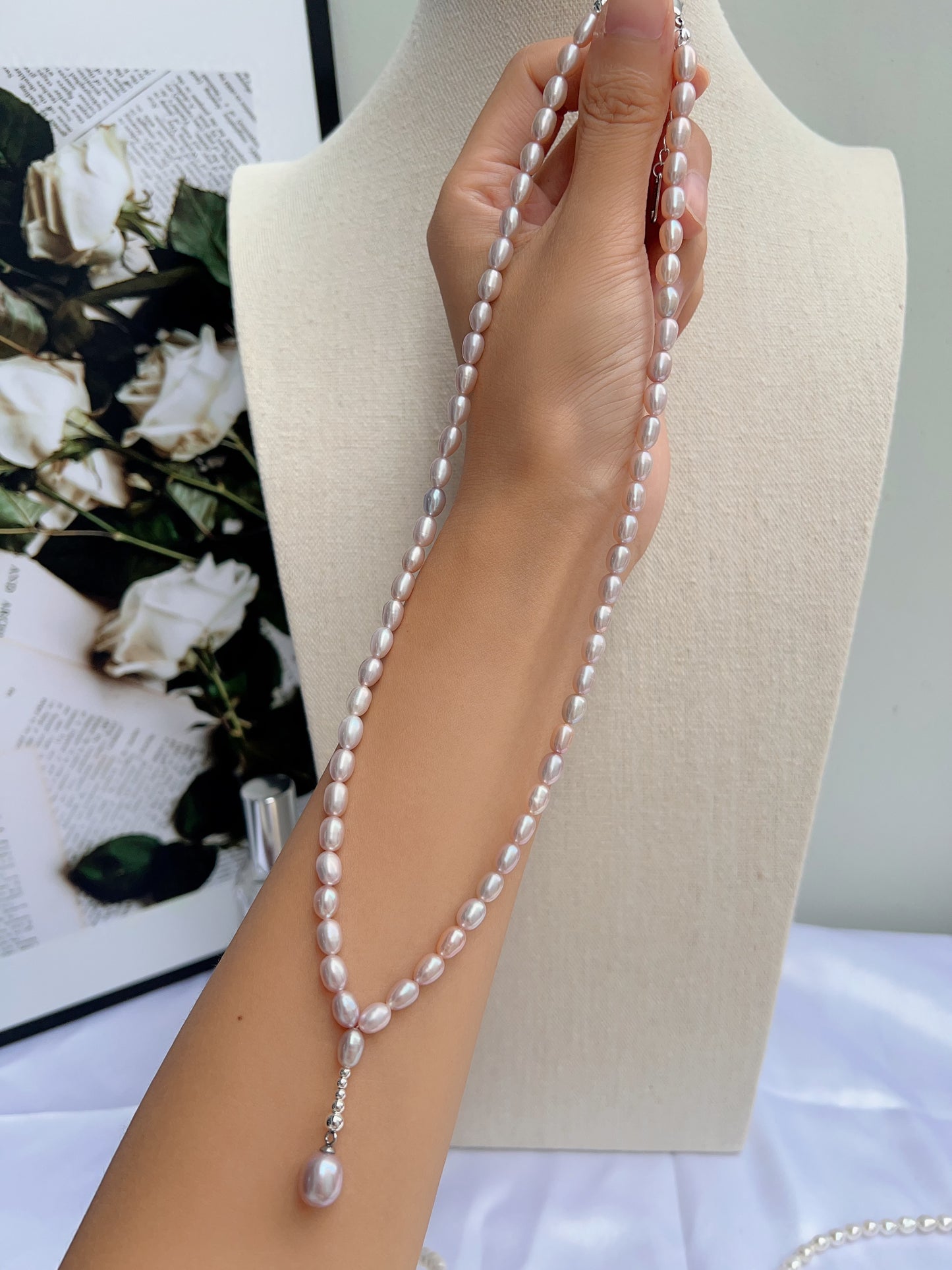 #PN1240 freshwater pearl necklace long Y shape necklace light grey purple rice pearl excellent lustre high quality unique design fixed shape