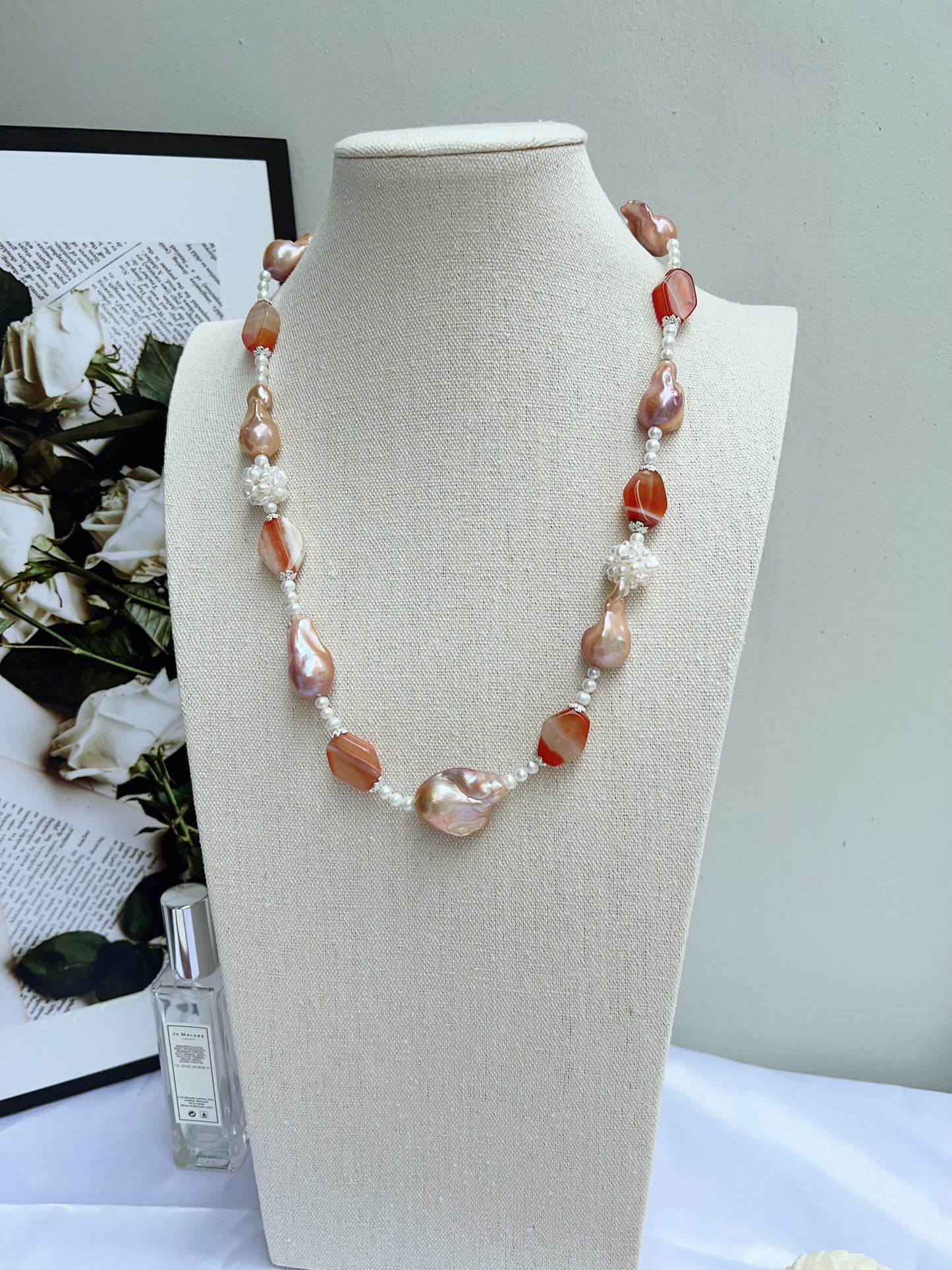 #PN1207 freshwater pearl necklace Afterglow of the setting sun pearl flower ball lustrous pink-golden fishtail baroque and agate pretty color palette 58cm