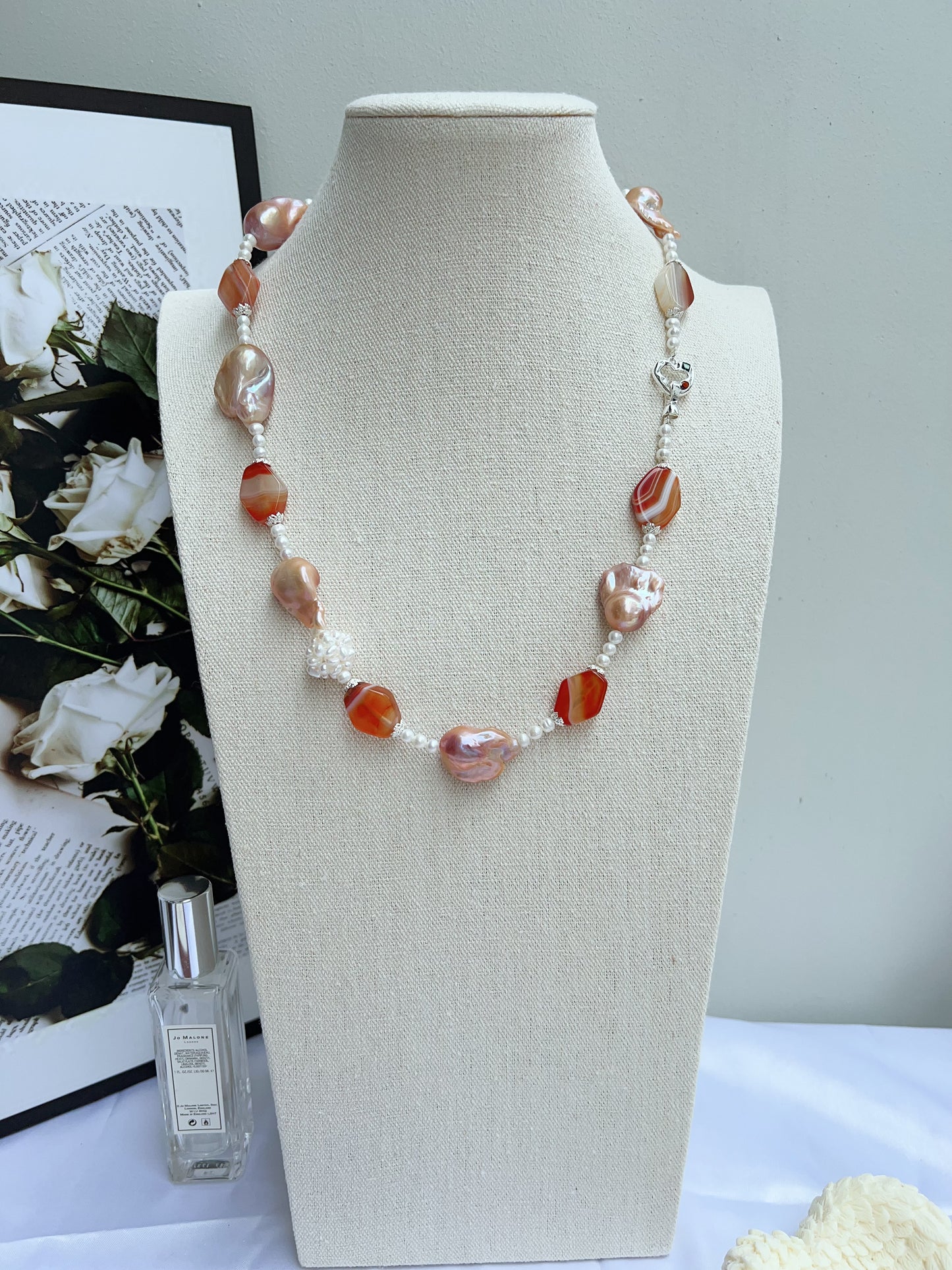 #PN1207 freshwater pearl necklace Afterglow of the setting sun pearl flower ball lustrous pink-golden fishtail baroque and agate pretty color palette 58cm