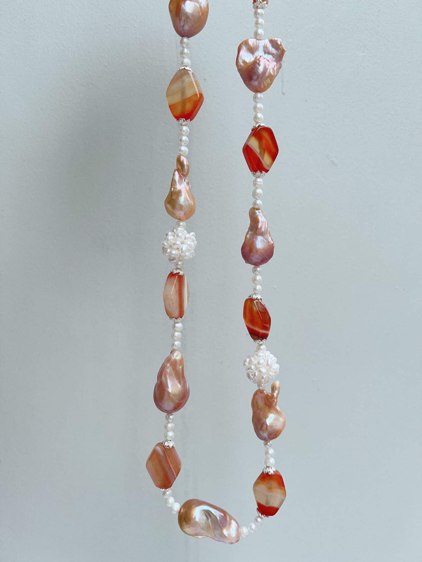 #PN1207 freshwater pearl necklace Afterglow of the setting sun pearl flower ball lustrous pink-golden fishtail baroque and agate pretty color palette 58cm