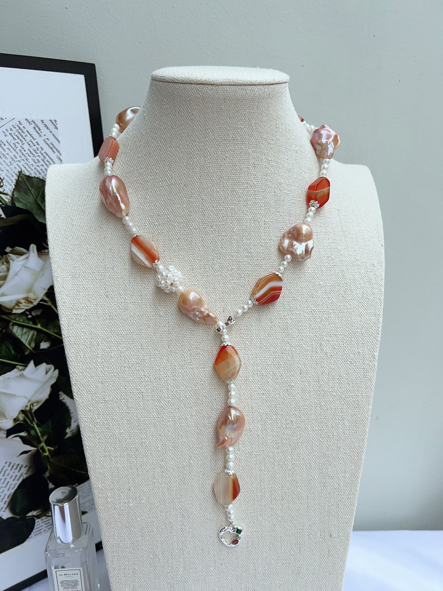 #PN1207 freshwater pearl necklace Afterglow of the setting sun pearl flower ball lustrous pink-golden fishtail baroque and agate pretty color palette 58cm