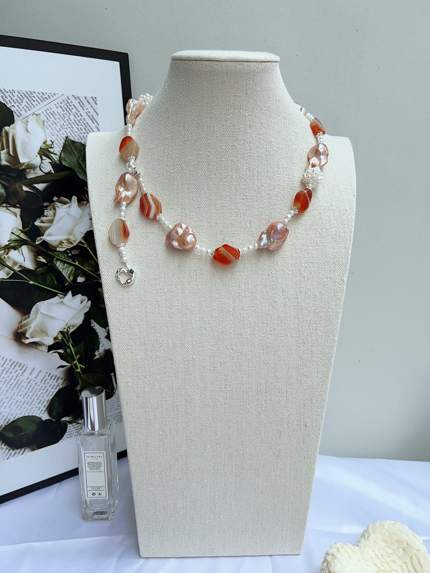 #PN1207 freshwater pearl necklace Afterglow of the setting sun pearl flower ball lustrous pink-golden fishtail baroque and agate pretty color palette 58cm