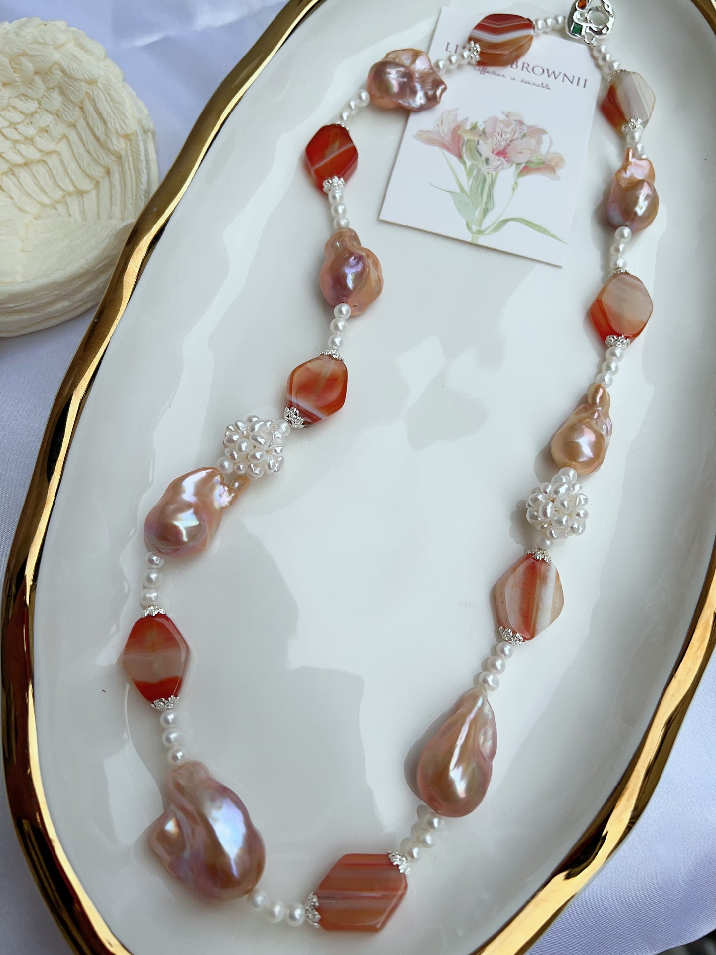 #PN1207 freshwater pearl necklace Afterglow of the setting sun pearl flower ball lustrous pink-golden fishtail baroque and agate pretty color palette 58cm