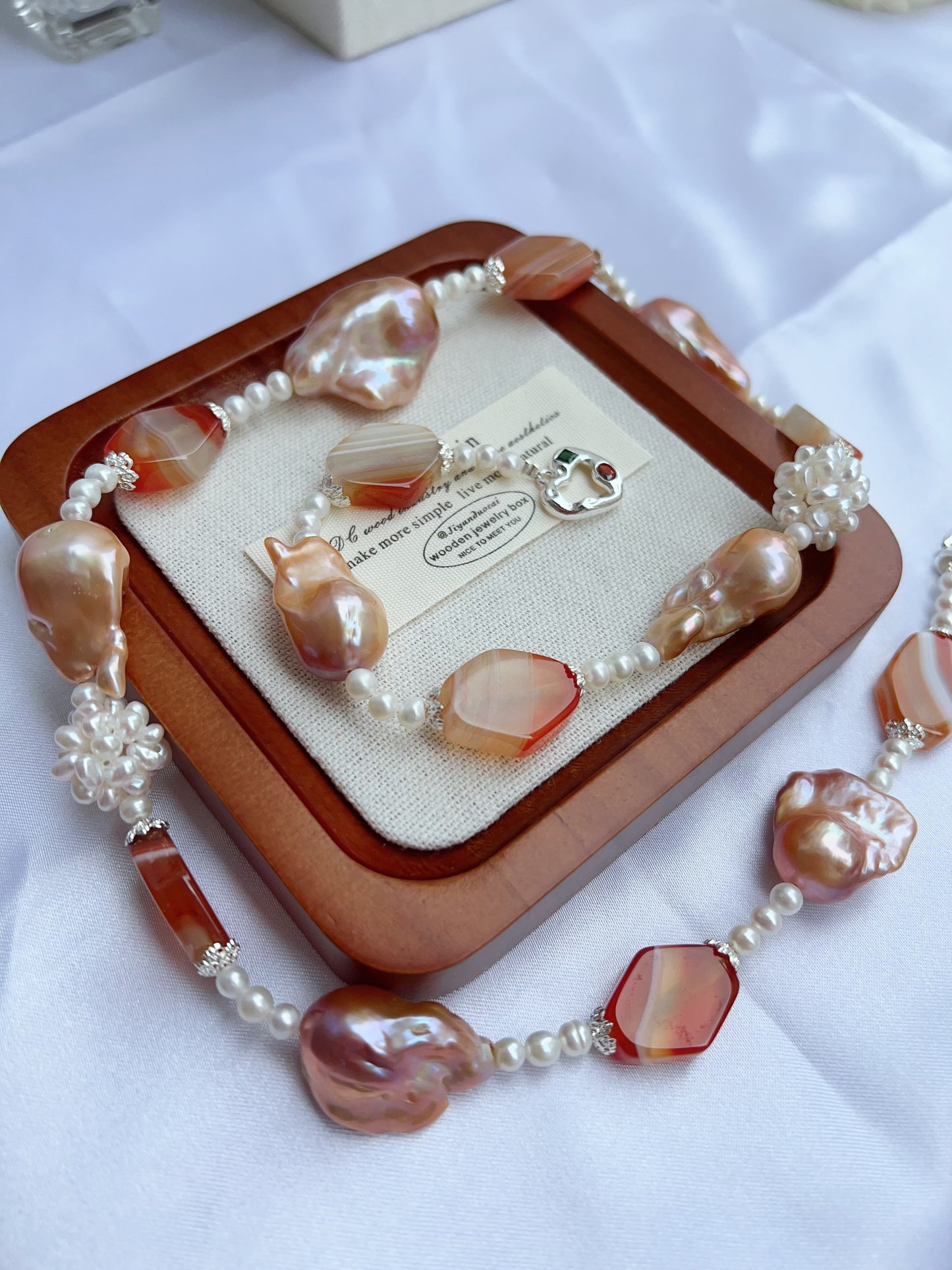 #PN1207 freshwater pearl necklace Afterglow of the setting sun pearl flower ball lustrous pink-golden fishtail baroque and agate pretty color palette 58cm