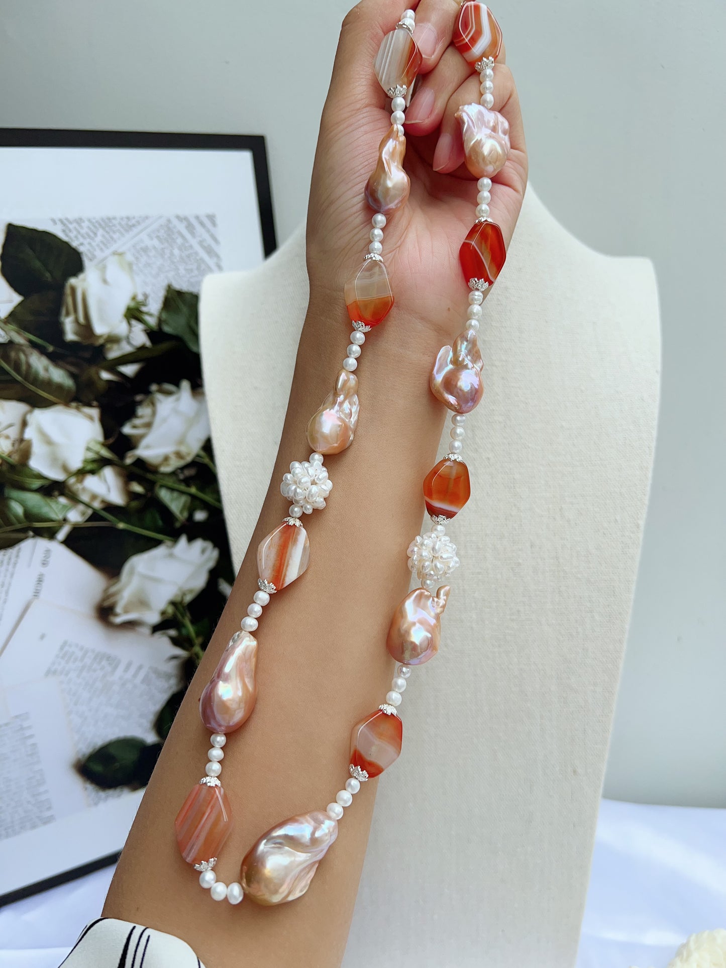 #PN1207 freshwater pearl necklace Afterglow of the setting sun pearl flower ball lustrous pink-golden fishtail baroque and agate pretty color palette 58cm