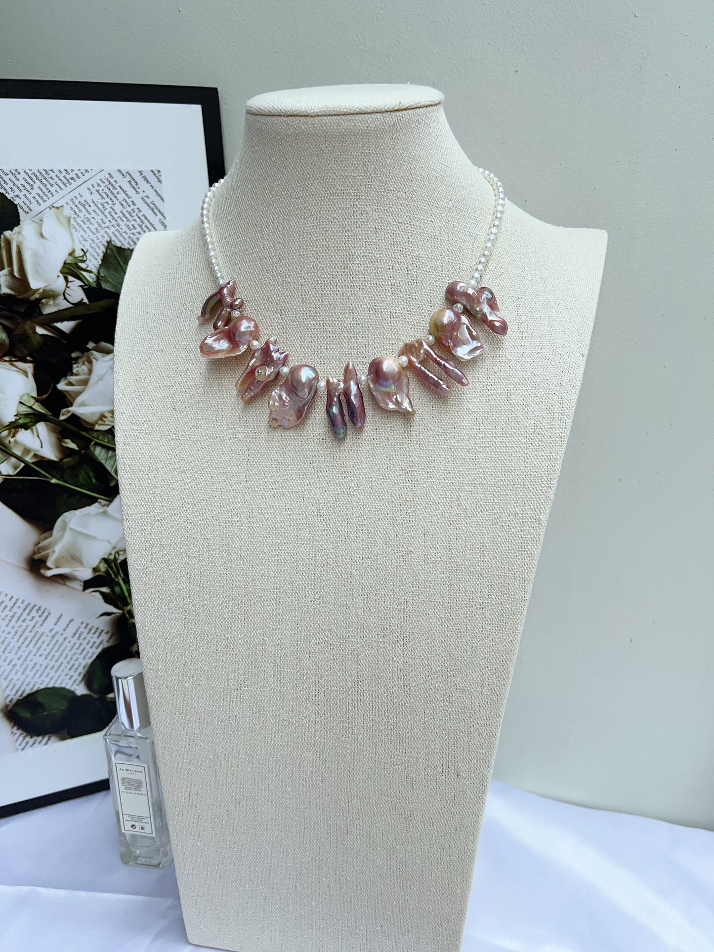 #PN1206 freshwater pearl necklace smile necklace rare shape metallic purple lustre 2-8 holed baroque pearl 40+5cm