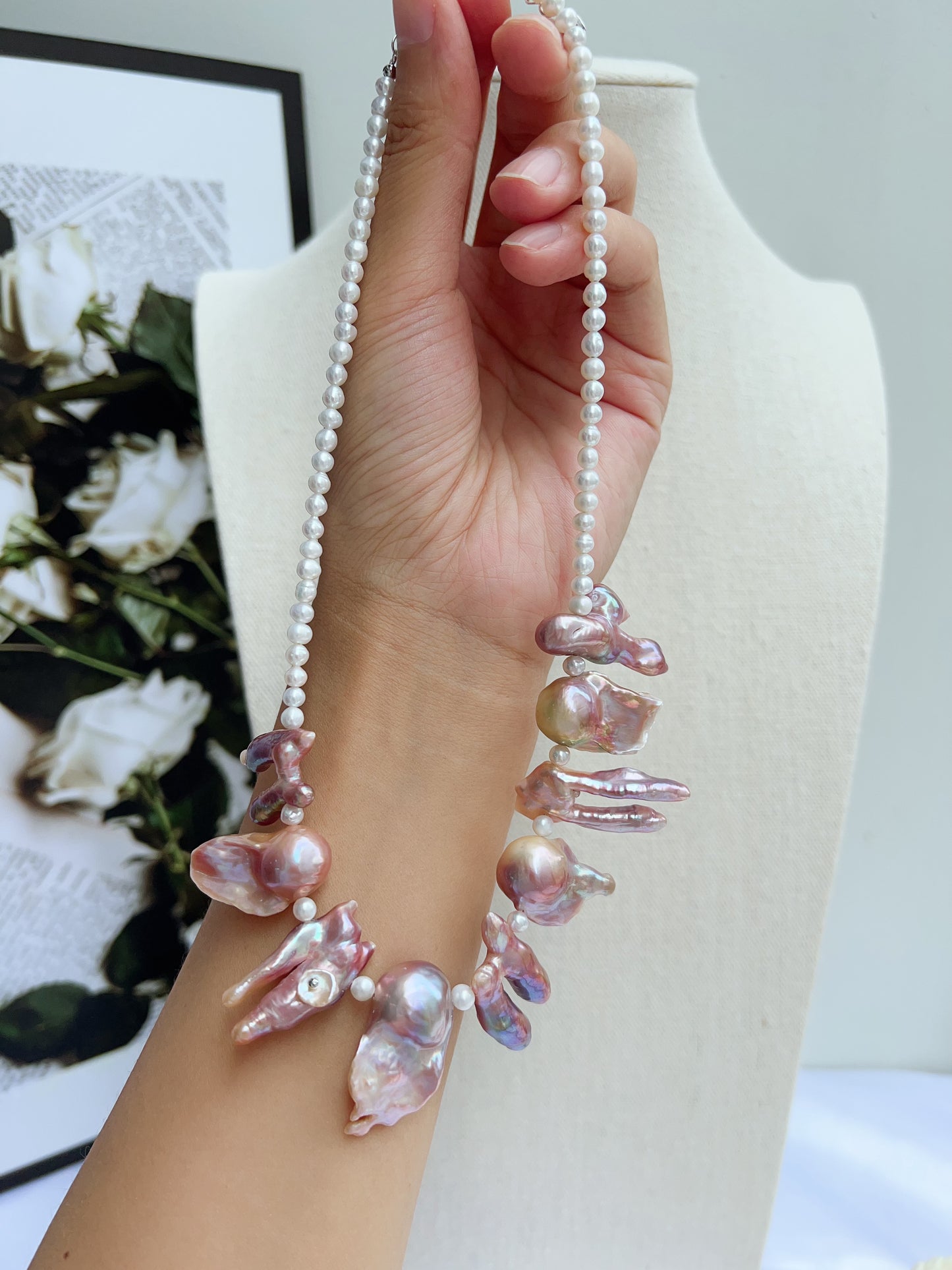 #PN1206 freshwater pearl necklace smile necklace rare shape metallic purple lustre 2-8 holed baroque pearl 40+5cm