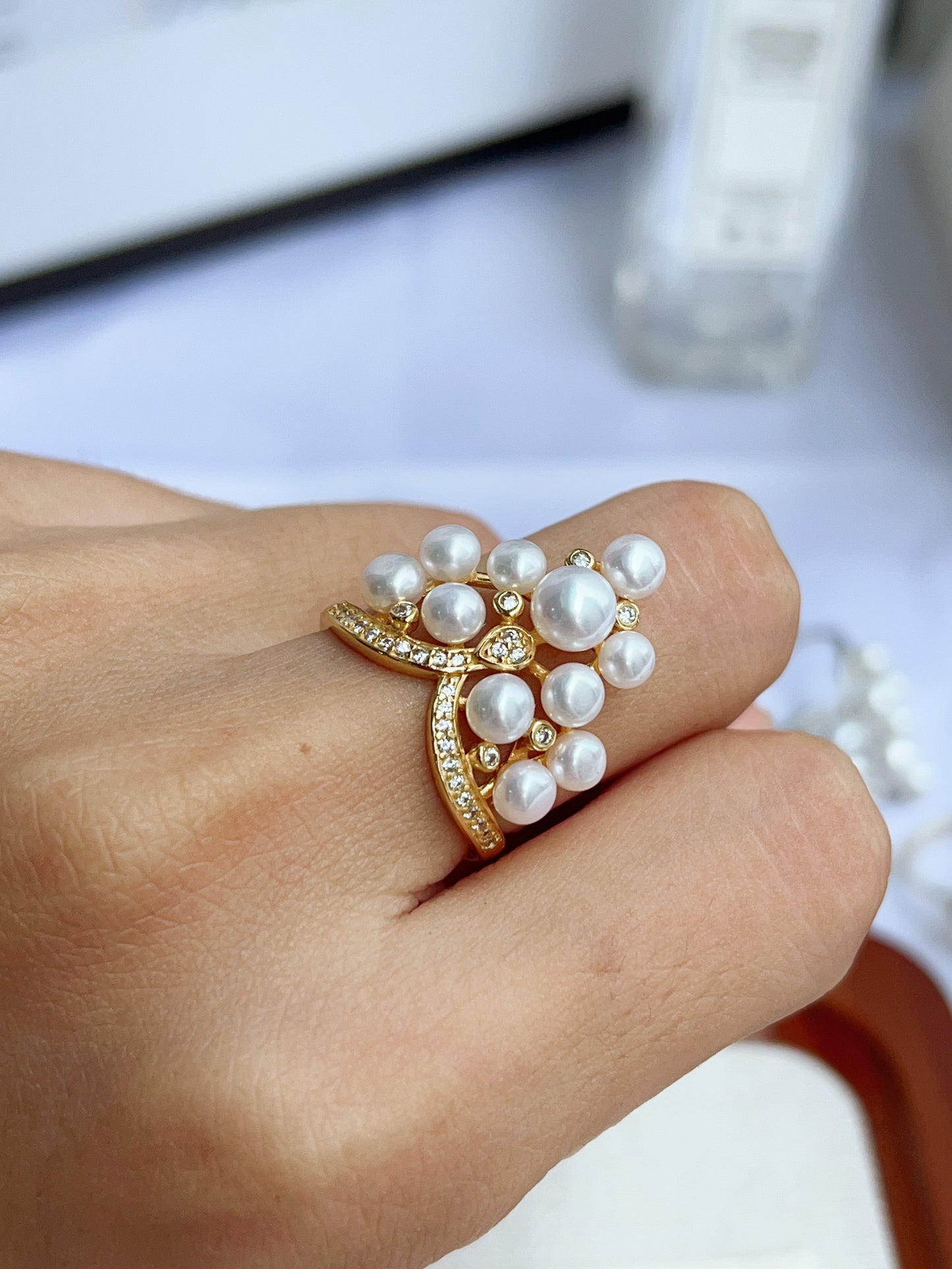 #PR01 freshwater pearl ring crown in castle design selected silver blue lustre & pink blue lustre pearls high quality