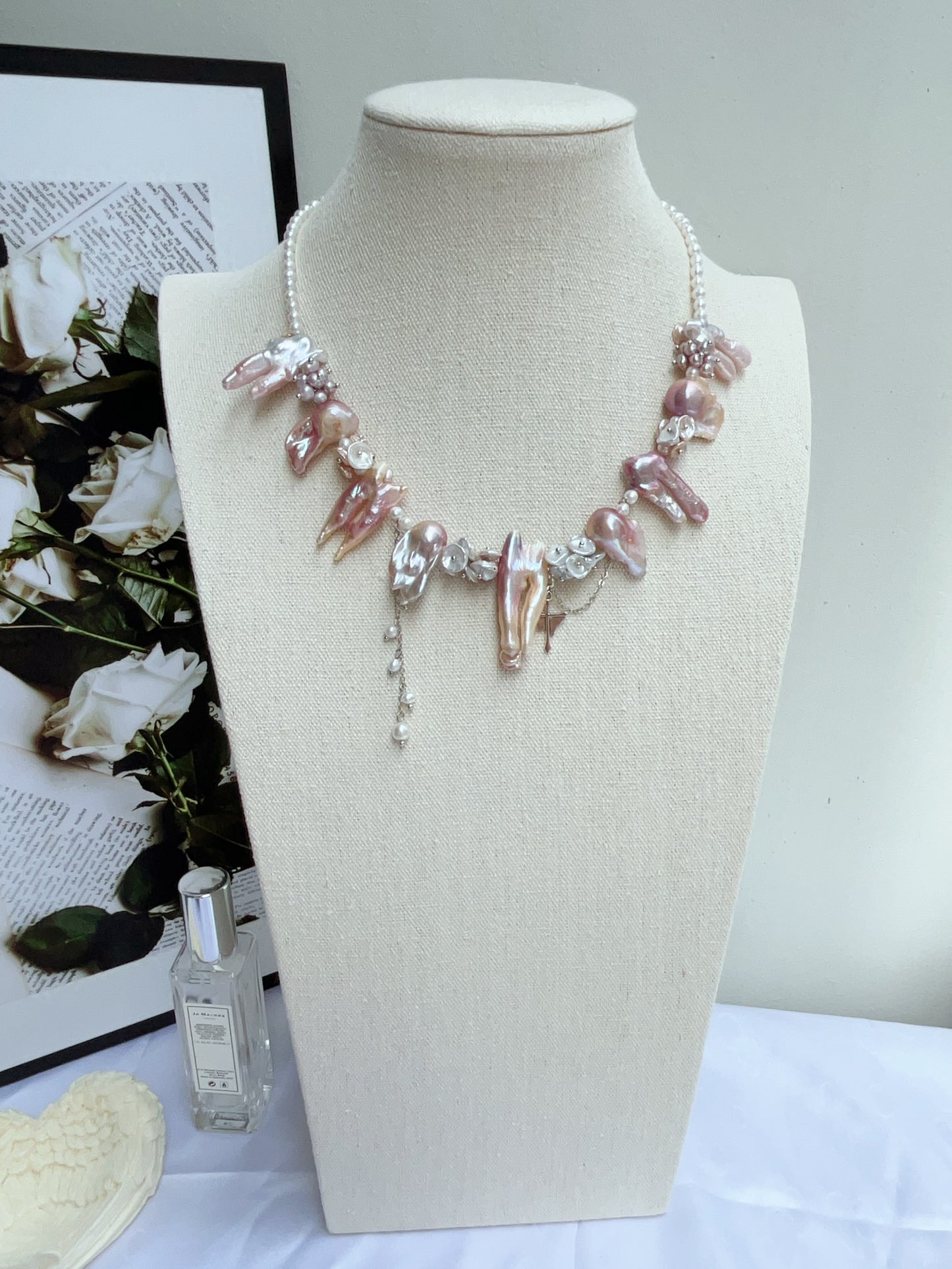 #PN1208 [Floral Series] freshwater pearl necklace pink-purple fused lute pearl 2-8 holed baroque 45+5cm dangling cross
