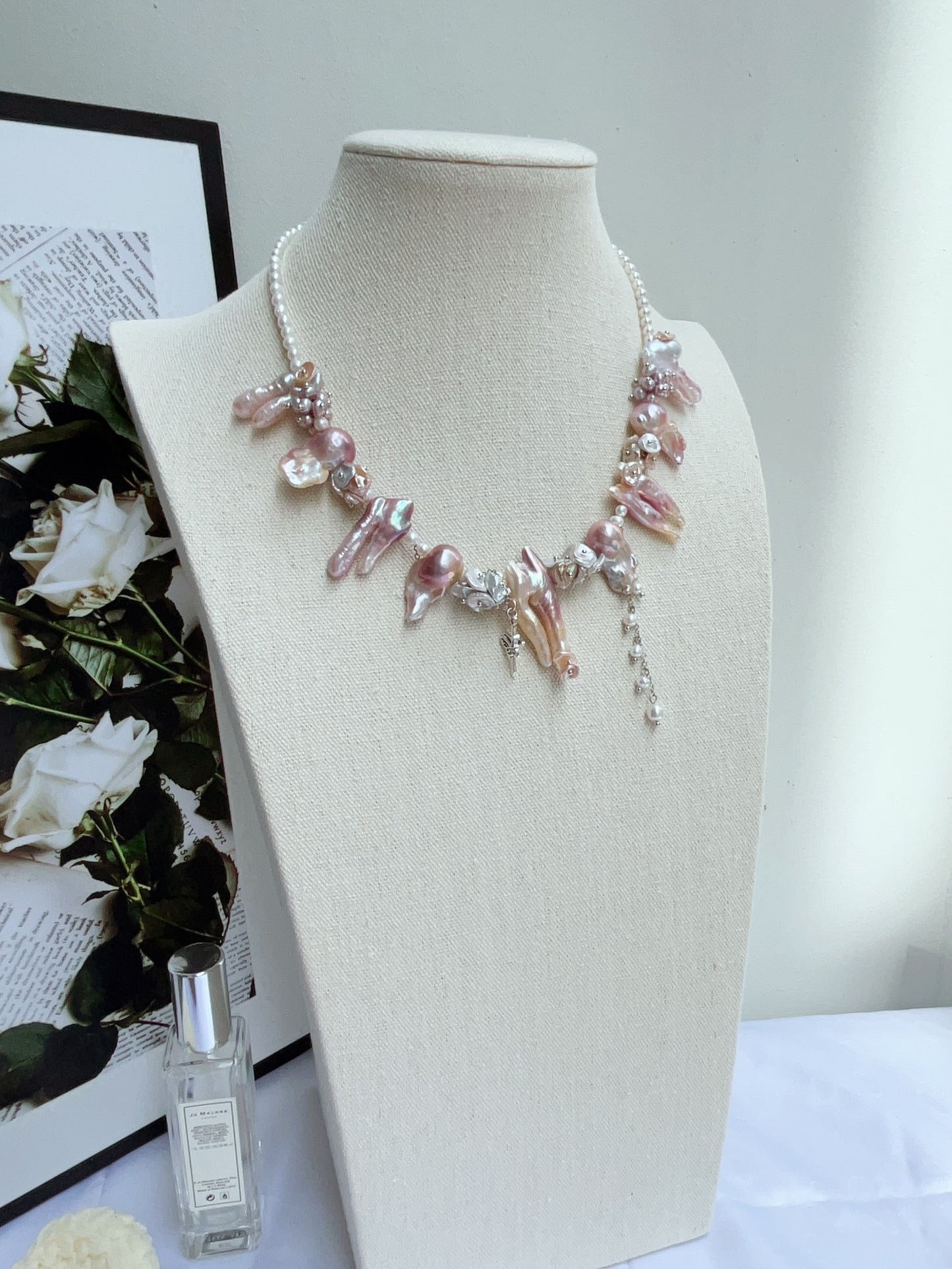 #PN1208 [Floral Series] freshwater pearl necklace pink-purple fused lute pearl 2-8 holed baroque 45+5cm dangling cross