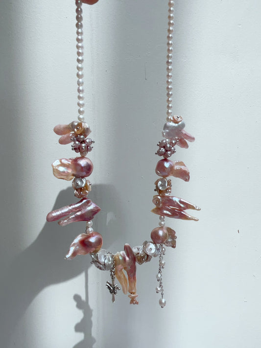 #PN1208 [Floral Series] freshwater pearl necklace pink-purple fused lute pearl 2-8 holed baroque 45+5cm dangling cross