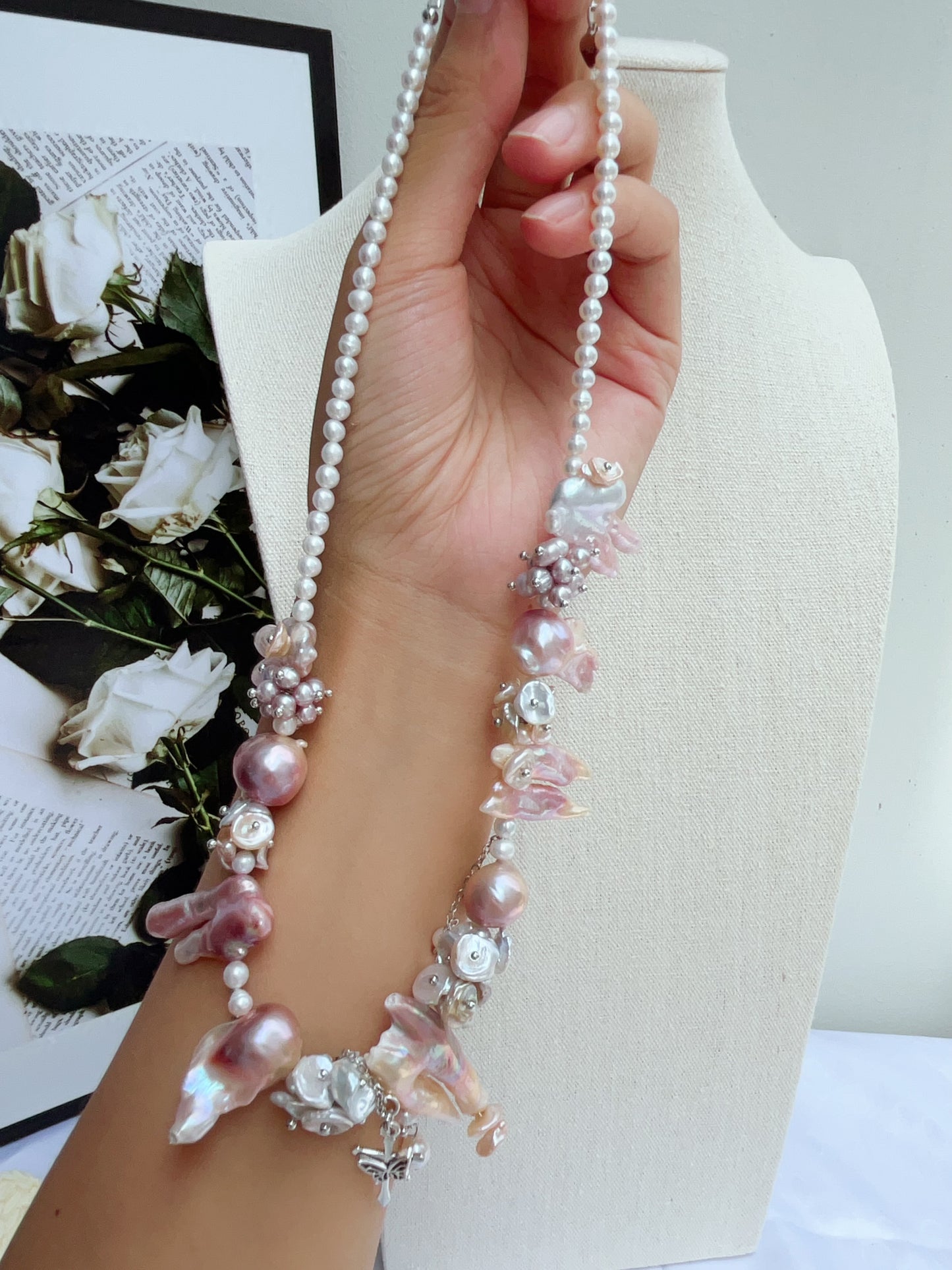 #PN1208 [Floral Series] freshwater pearl necklace pink-purple fused lute pearl 2-8 holed baroque 45+5cm dangling cross
