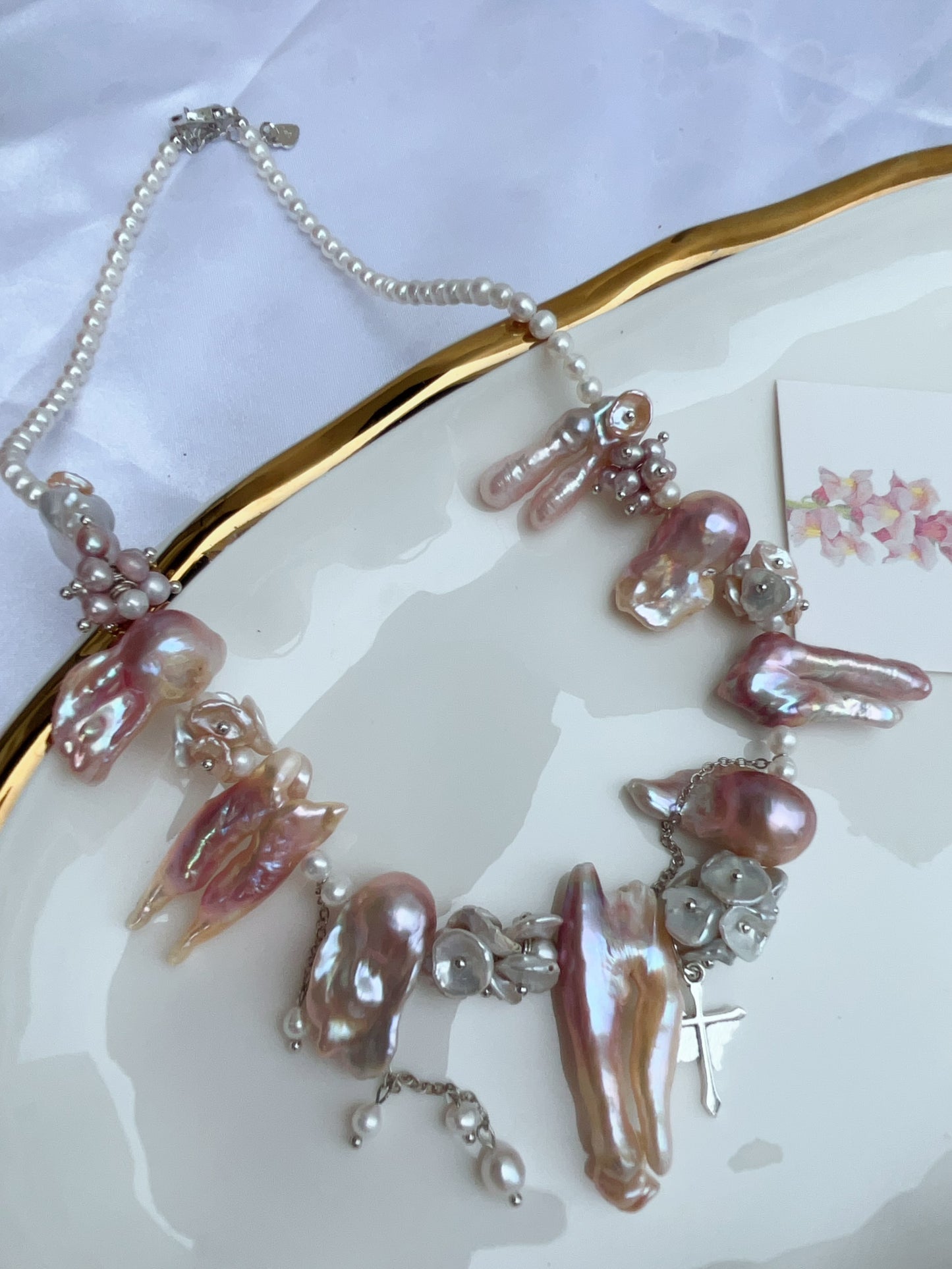 #PN1208 [Floral Series] freshwater pearl necklace pink-purple fused lute pearl 2-8 holed baroque 45+5cm dangling cross