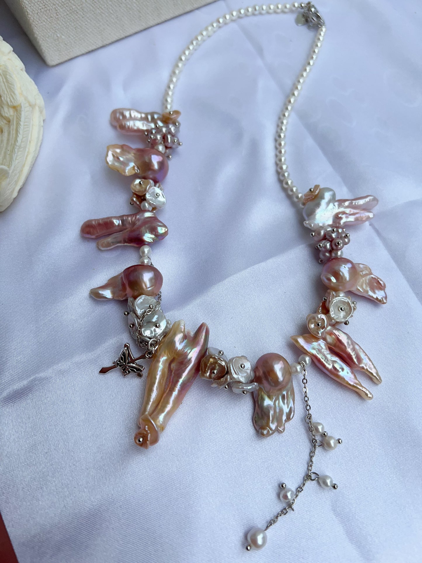 #PN1208 [Floral Series] freshwater pearl necklace pink-purple fused lute pearl 2-8 holed baroque 45+5cm dangling cross