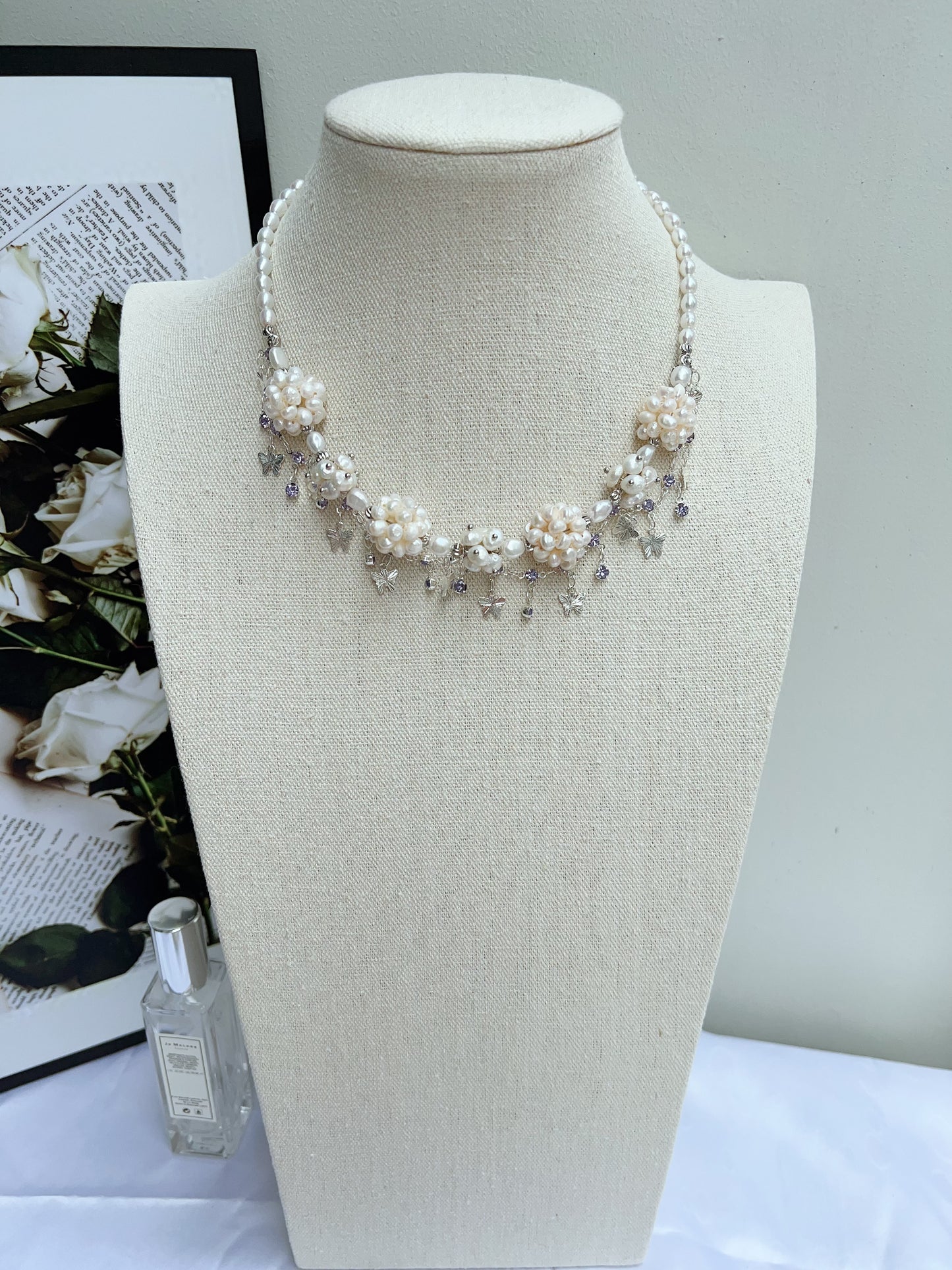 #PN1205 freshwater pearl necklace white flower ball butterfly on chain natural flaws wedding style